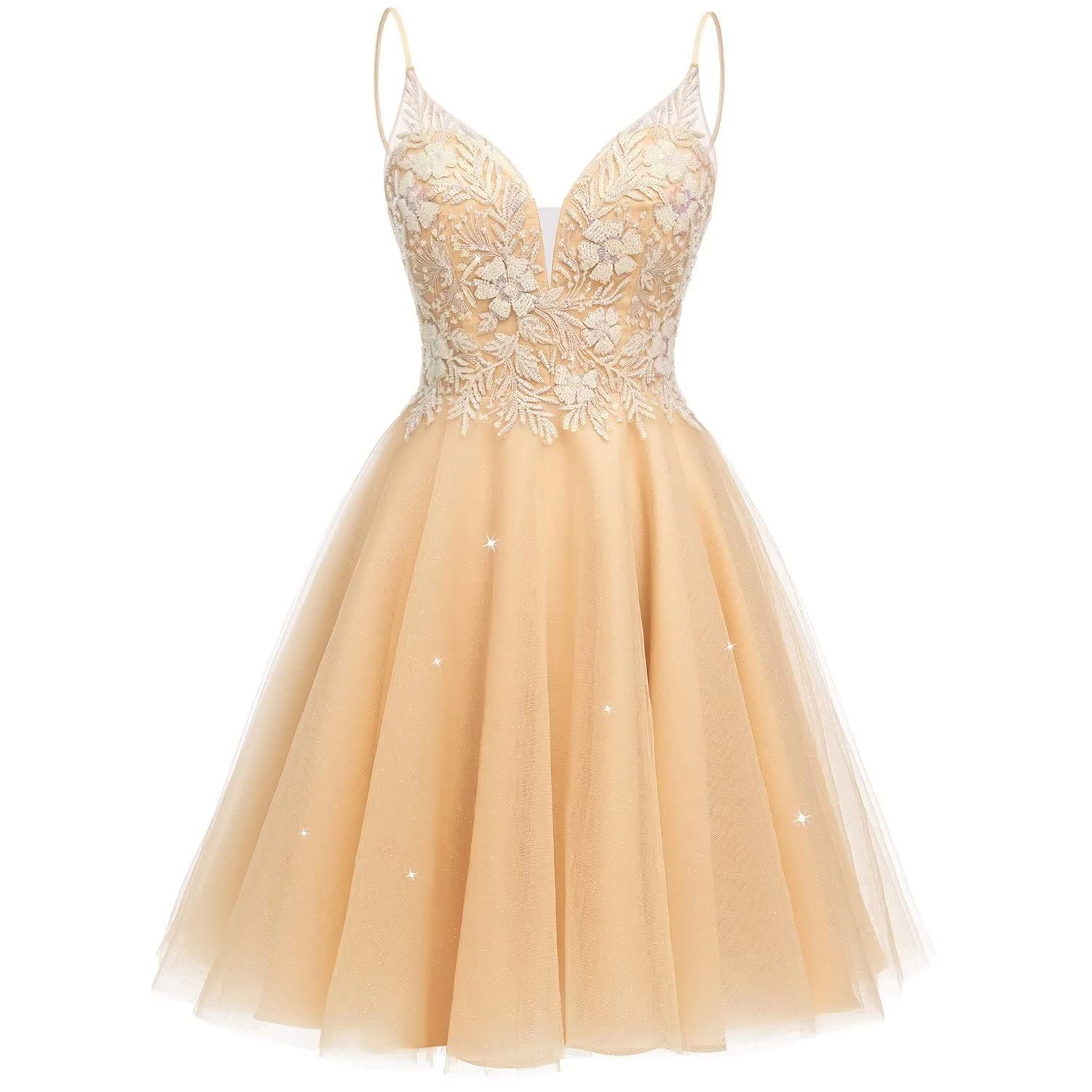 Elegant Champagne Lace Homecoming Dress for Teens - Short Tulle Prom Dress with Beaded Details | Women's Cocktail Party Dress Size 14 | Perfect for Homecoming, Prom Night & Special Occasions