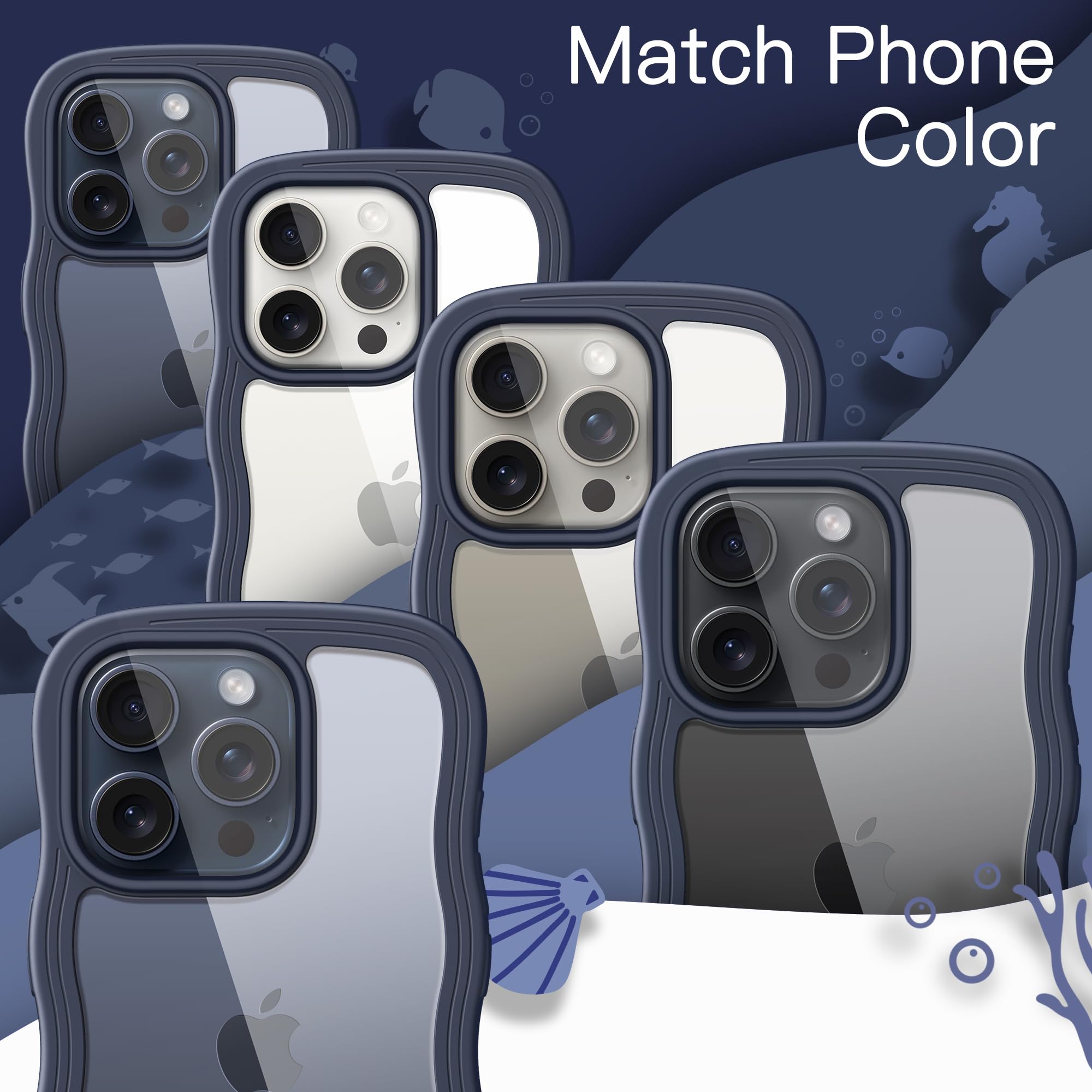 JETech Cute Shockproof iPhone 15 Pro Max Case 6.7-Inch - Wave Frame Curly Design Clear Hard PC Back Cover for Women & Girls (Blue Titanium) | Perfect for Daily Use, Travel & Outdoor Protection
