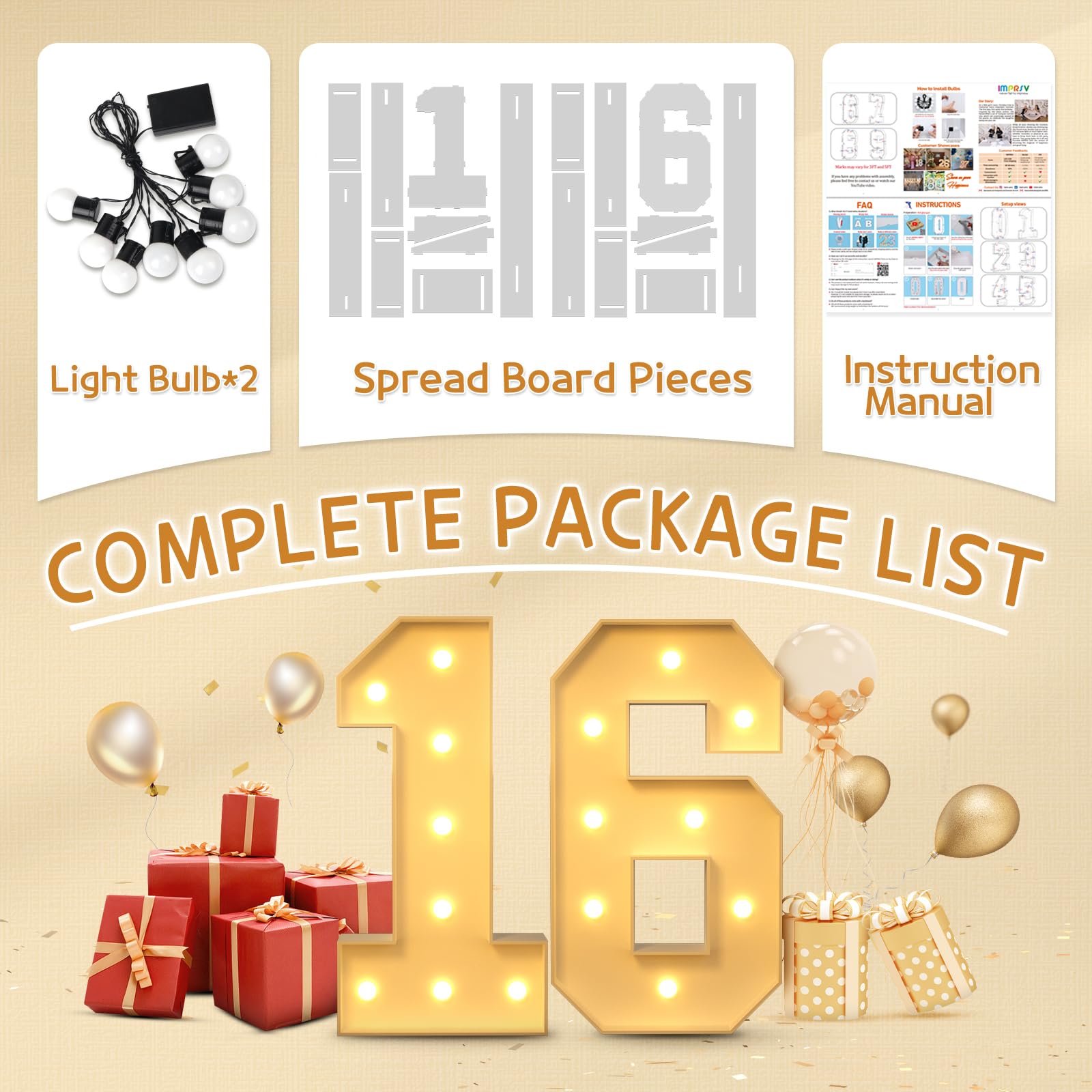 imprsv 3FT Light Up Number 16 - Large LED Birthday Decorations for Sweet 16 Parties, Anniversary Celebrations | Perfect for Girls & Boys Birthday Backdrops, Photo Booths, and Party Room Decor