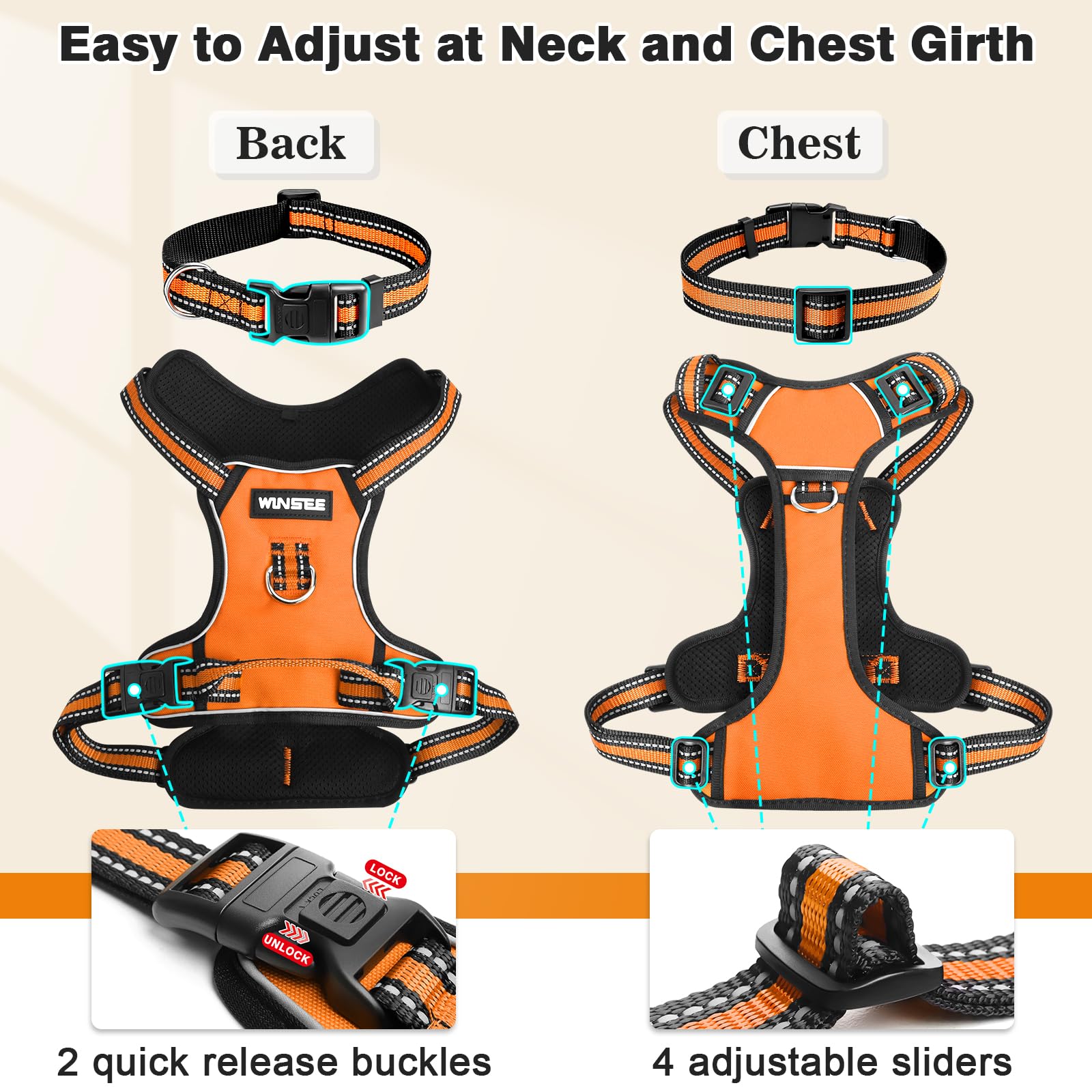 WINSEE No Pull Dog Harness with Collar - Adjustable Reflective Oxford Vest for Small Medium Large XL Dogs - Front & Back Leash Clips & Control Handle - Perfect for Walking, Hiking & Outdoor Adventures