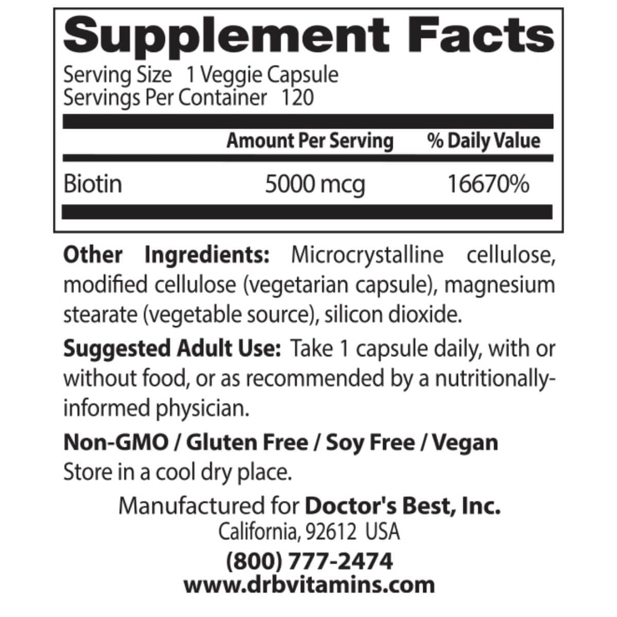 Doctor's Best Biotin 5000mcg Supplement - 120 Vegan Capsules for Hair, Skin & Nails Support - Promotes Healthy Growth for Men & Women