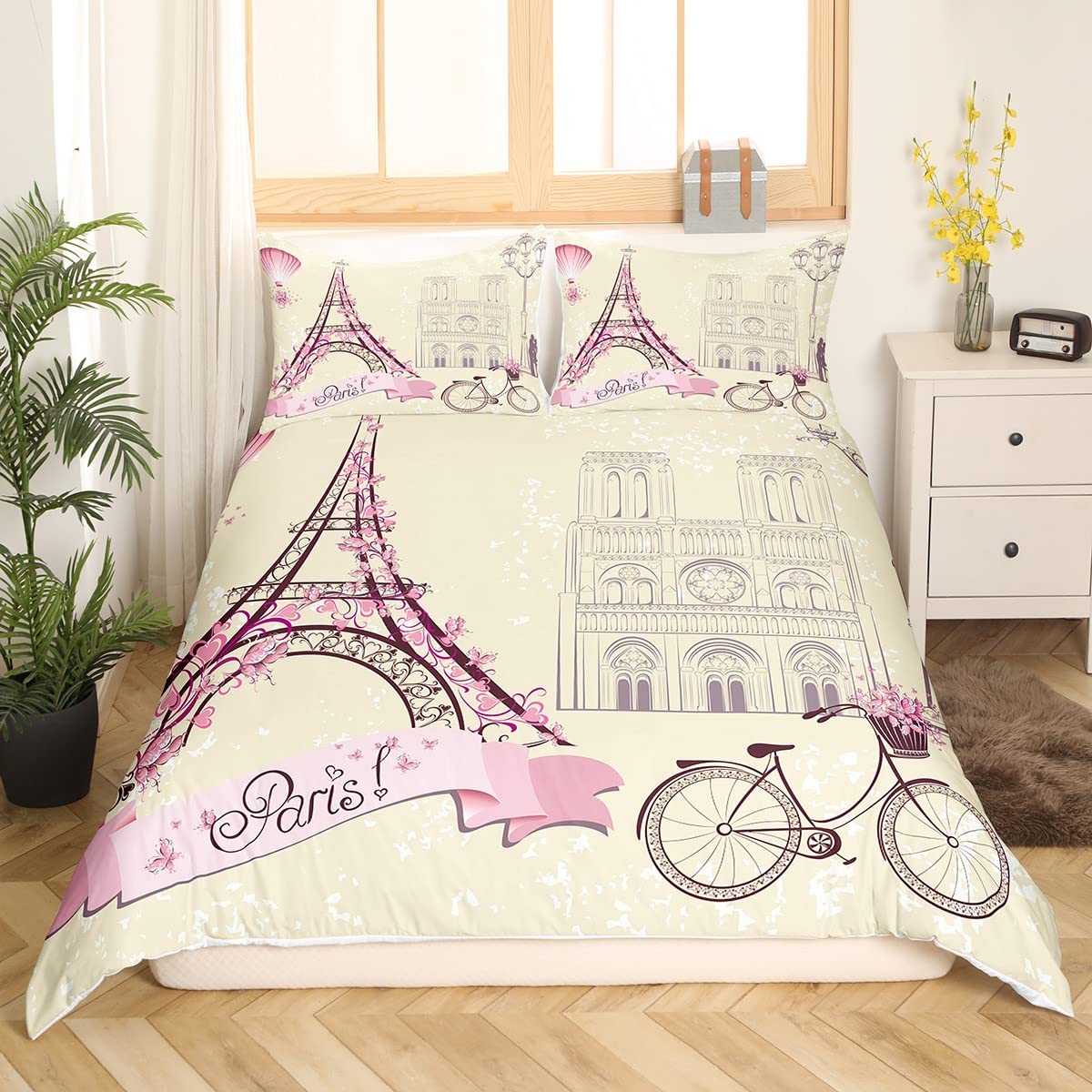 Feelyou Paris Eiffel Tower Themed Twin Duvet Cover Set - Pink Floral Cityscape Comforter Cover with Zipper Closure, Ultra Soft Bedding for Girls & Teens - Perfect for Romantic Bedroom Decor, Couples Gift or Paris-Themed Room