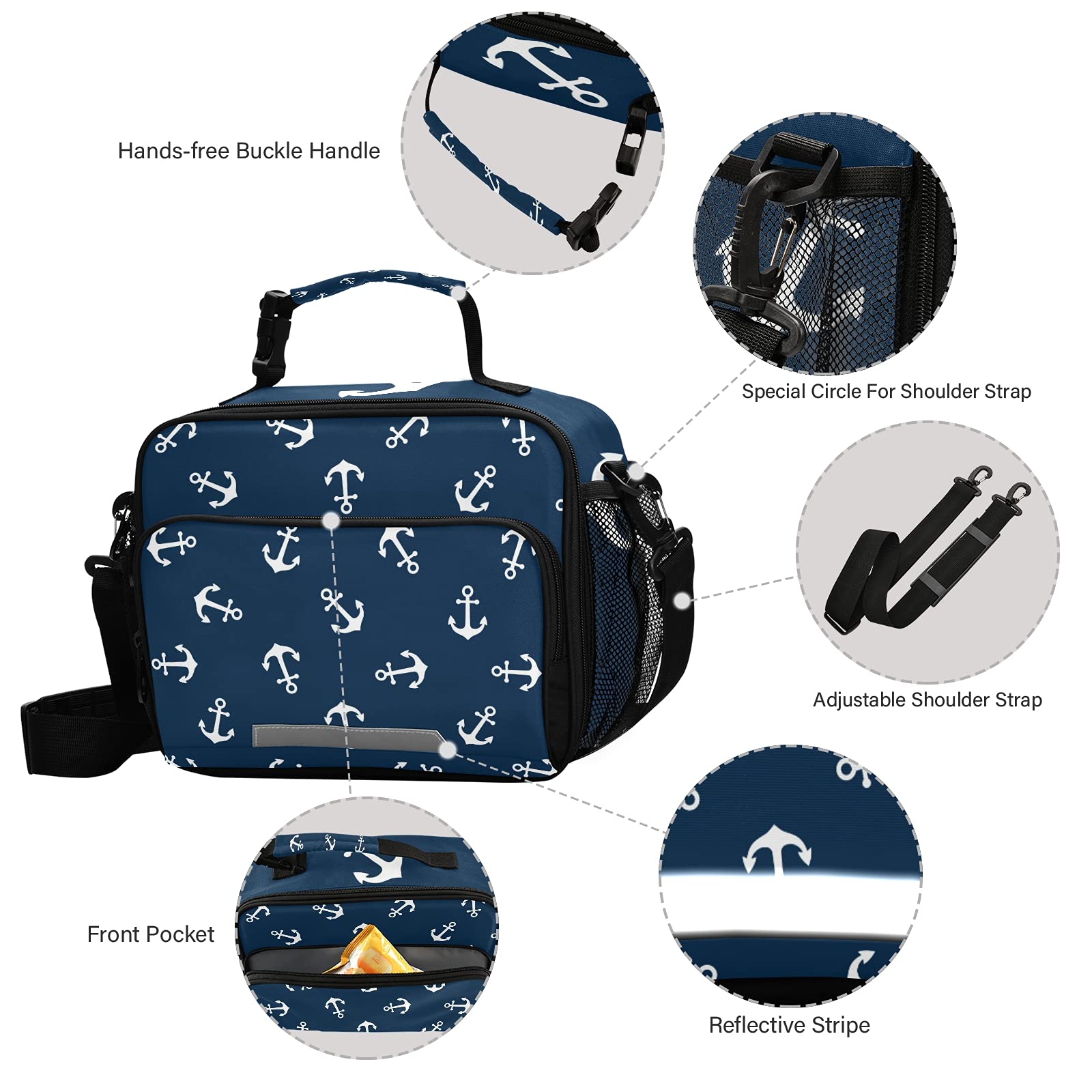Insulated Blue Lunch Box with White Anchor Design - Reusable Cooler Lunch Bag for Women, Men, Kids - Perfect for School, Work, Picnic & Outdoor Activities