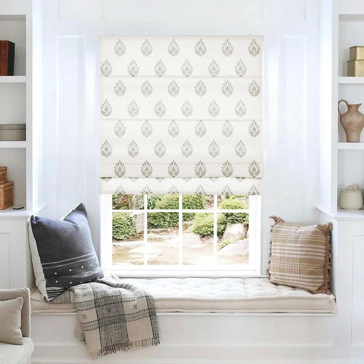 Stefana Silber Printed Cordless Roman Shade - Blackout Window Treatment for Bedroom & Living Room - Easy Install Light Filtering Fabric Shades