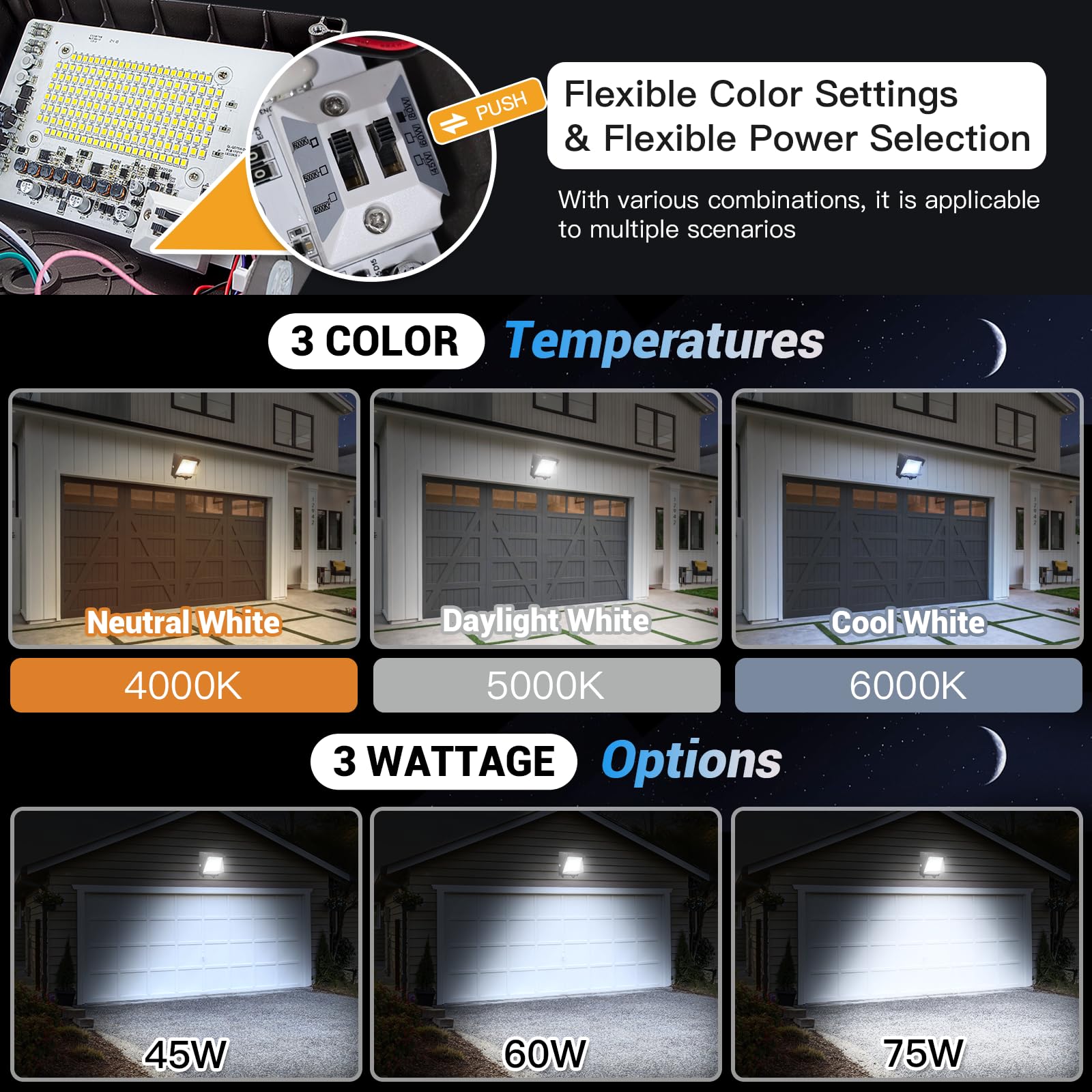JTT LED Wall Pack Lights Outdoor - Dusk to Dawn Photocell, Selectable 75W/60W/45W, 9750LM/7800LM/5850LM, 6000K/5000K/4000K, Waterproof Flood Security Lighting for Garage, Yard, Parking Lot - Perfect for Commercial & Residential Outdoor Areas