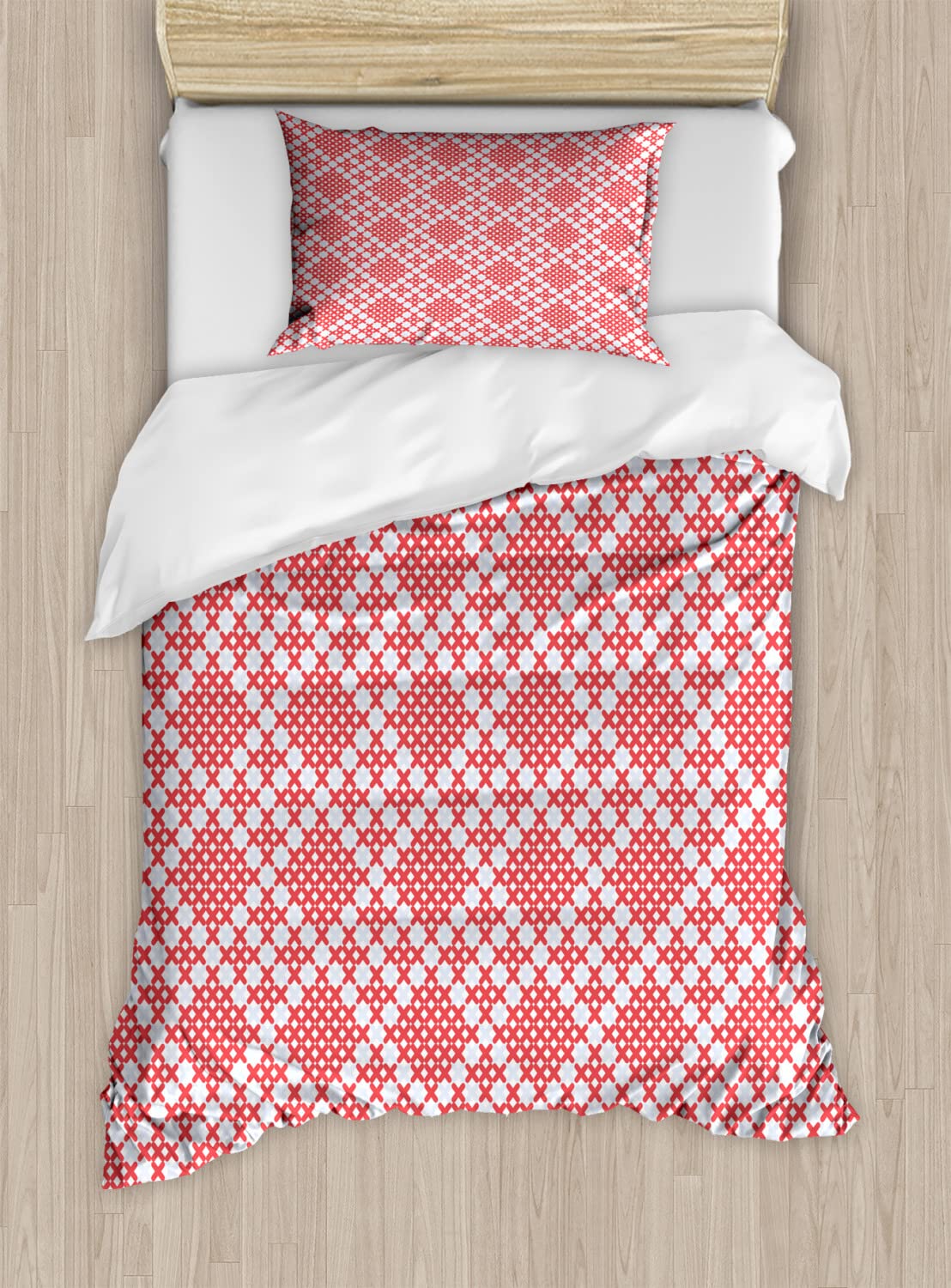 Ambesonne Ethnic Duvet Cover Set - Traditional Slavic Needlework Design, King Size 2-Pack (White & Red) with 2 Duvet Covers & 4 Pillowcases | Perfect for Bohemian & Slavic-Themed Bedrooms, Guest Rooms & Cultural Home Decor