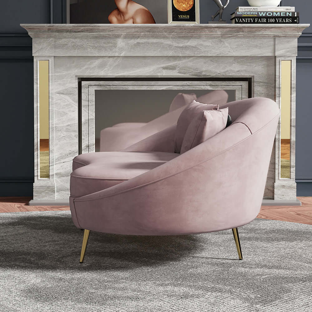 Modern 63 Inch Pink Velvet Curved Sofa with Gold Metal Legs & Throw Pillows - Luxury Living Room Furniture for Small Spaces & Apartments