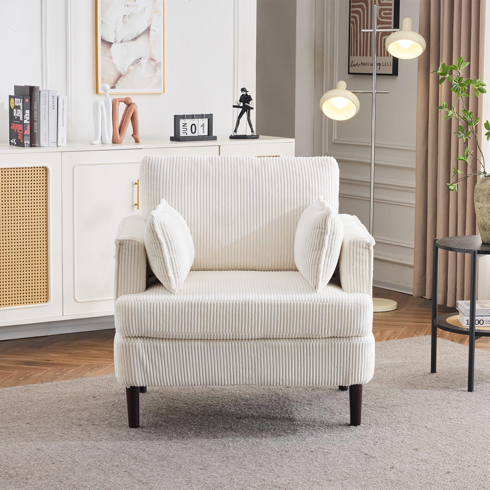 Karl Home Modern Accent Chair - Corduroy Upholstered Armchair with 2 Pillows & Side Pocket, Barrel Sofa Chair with Sturdy Solid Wood Legs - Comfortable Reading Chair for Living Room, Bedroom & Office (Beige) - Perfect for Relaxing, Reading & Small Space Decor