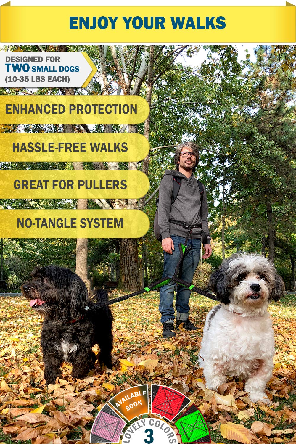 Hands Free Double Dog Leash for Medium Dogs - Tangle-Free Dual Dog Leash for Walking 2 Dogs - Adjustable No-Pull Coupler Leash (Black & Green) - Perfect for Hiking, Jogging & Daily Walks with Your Pets