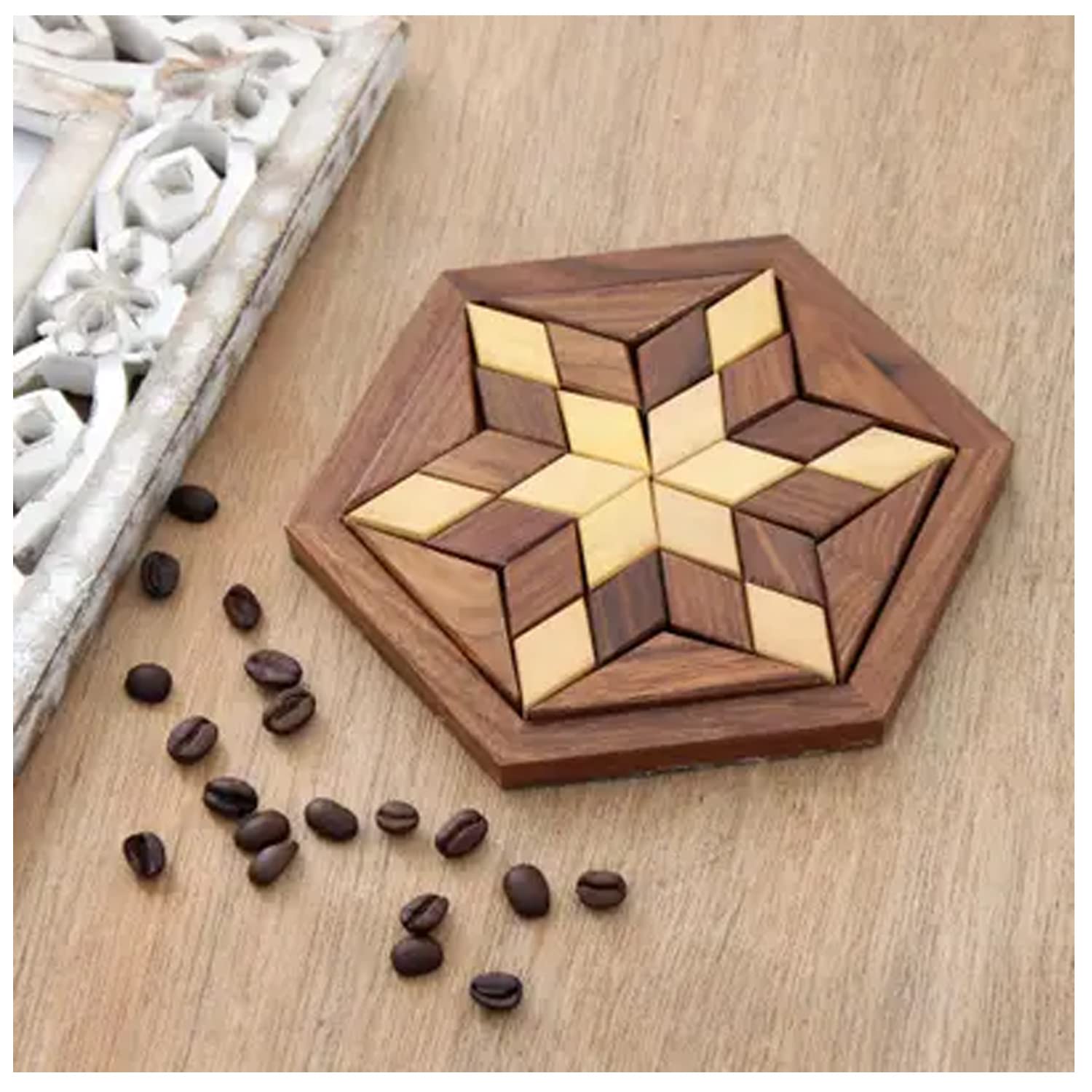 Zyntix 30-Piece Wooden Star Puzzle - Hexagonal Base 3D Jigsaw Puzzle for Adults & Kids | Brain Teaser Gift for Men, Women, Children | Home Decor, Office Stress Relief, Family Game Night Activity