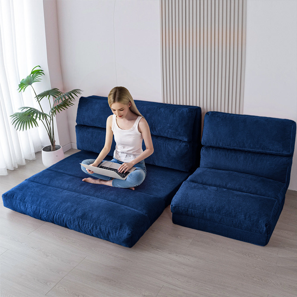 MAXYOYO Folding Sofa Bed - Extra Wide Corduroy Floor Mattress in Navy Blue | Convertible Sleeper for Small Spaces, Guest Room & Dorm | Comfortable Lounge Sofa for Living Room, Bedroom & Apartment