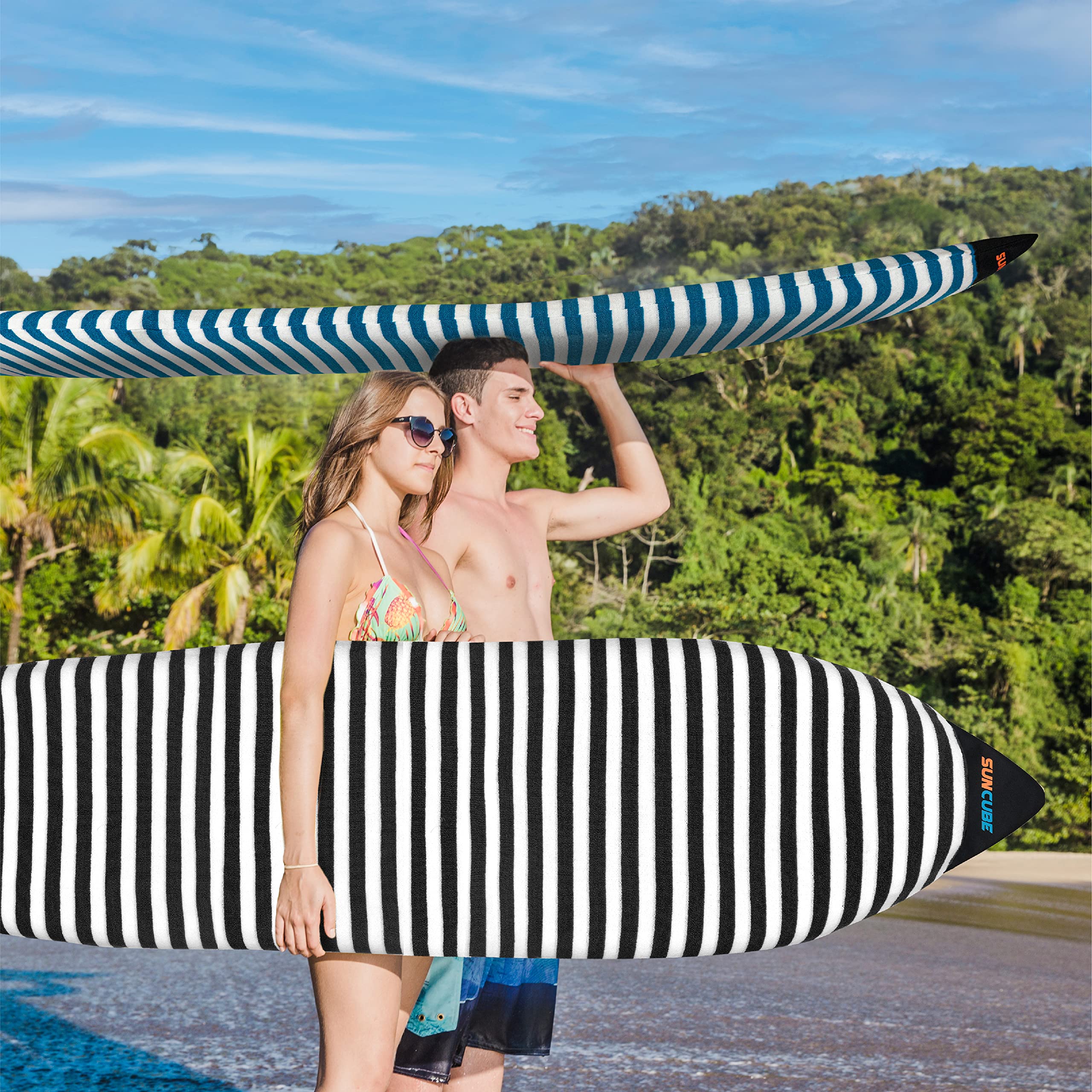 **SUN CUBE Surfboard Sock Cover - Protective Stretchy Surf Bag for Longboard, Hybrid & Shortboard - Lightweight Surfboard Sleeve for Storage & Travel - Perfect for Beach, Surf Trips & Board Protection**