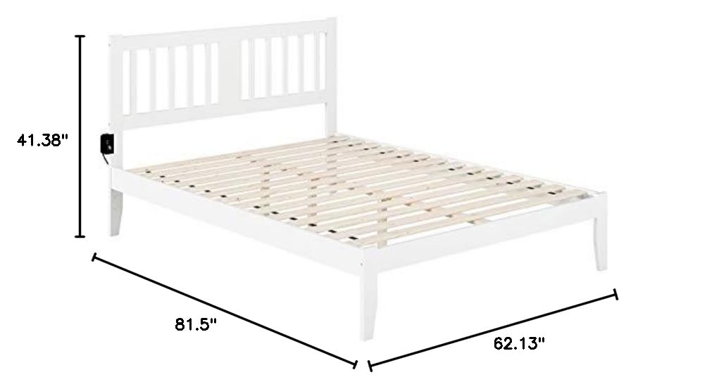 BOWERY HILL Transitional White Wooden Queen Size Spindle Bed Frame with USB Turbo Charger - Perfect for Modern Bedrooms, Guest Rooms & Vacation Homes