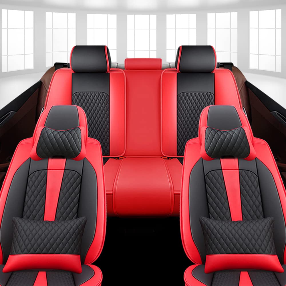 Premium Leather Waterproof Front & Rear Car Seat Covers for BMW 650i Gran Coupe 2013-2019 - Black & Red with Neck Pillows | Ultimate Protection & Comfort for Daily Commute & Road Trips