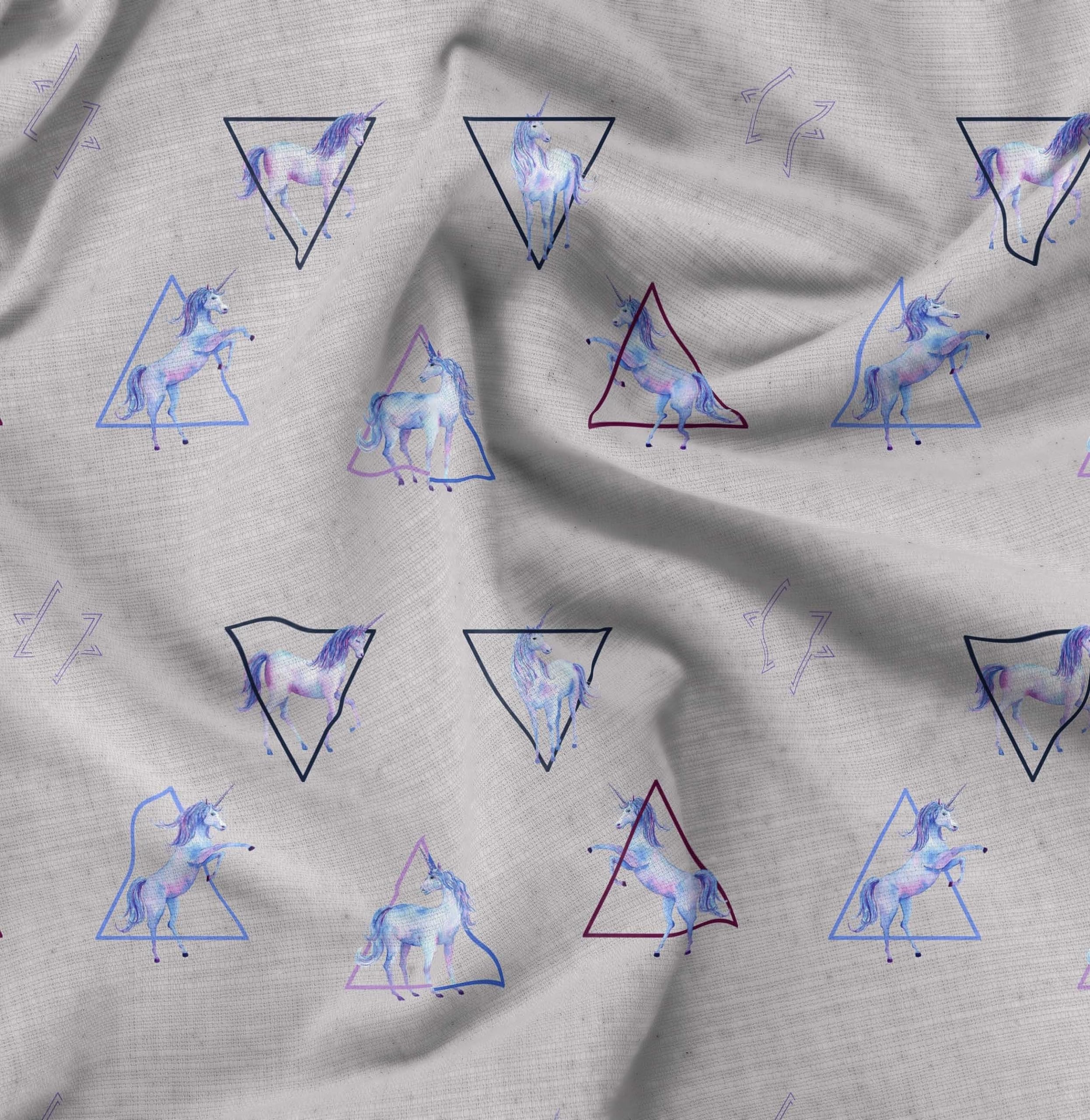 Soimoi Moss Georgette Gray Fabric by The Yard - 42 Inch Wide Geometric Printed Fabric with Unicorn & Triangle Patterns for DIY Crafts, Dressmaking, Home Decor & Costume Design - Whimsical Playful Material for Creative Sewing Projects