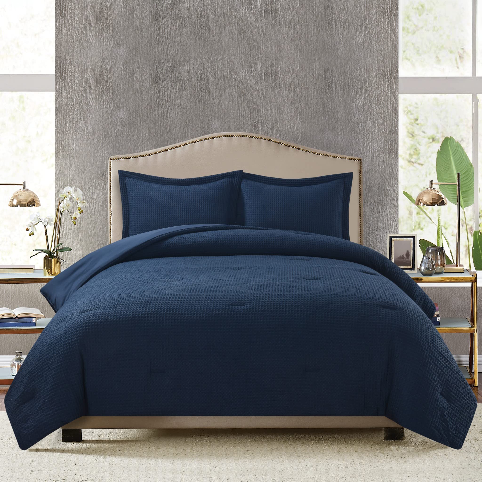 Chezmoi Collection Wilmer 3-Piece Waffle Weave Comforter Set - Ultra Soft & Breathable All-Season King Size Bedding in Navy Blue | Perfect for Master Bedroom, Guest Room & Cozy Nights