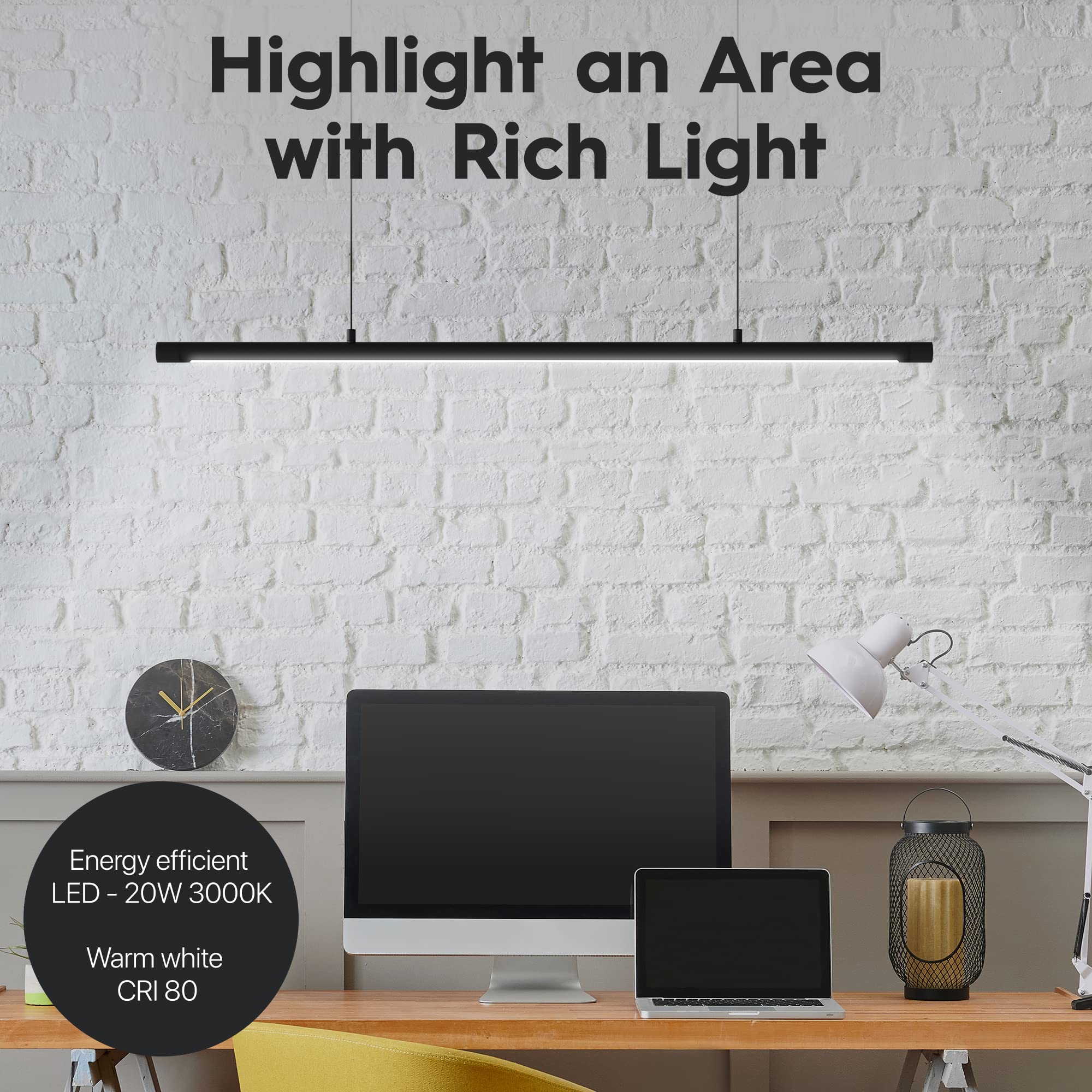 Modern Black LED Linear Pendant Light - 20W 3000K Warm White, Flicker-Free Office Lighting, Non-Dimmable Ceiling Fixture for Bedroom, Dining Room & Kitchen Island (47.2