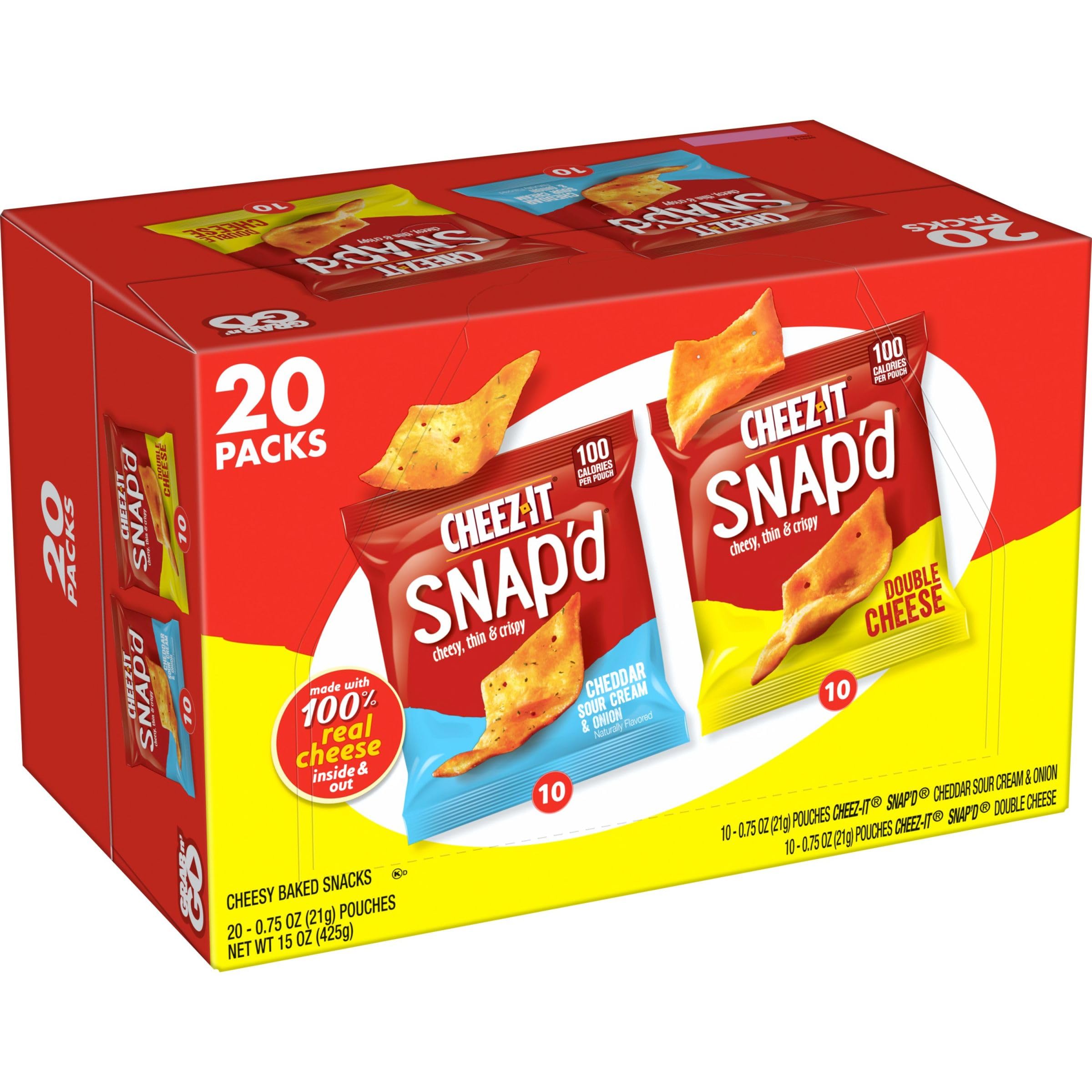 Cheez-It Snap'd Thin & Crispy Cheese Cracker Chips - Variety Pack (15oz Box, 20 Packs) - Perfect for Lunch Snacks, Office Break, School Lunch & Party Platters