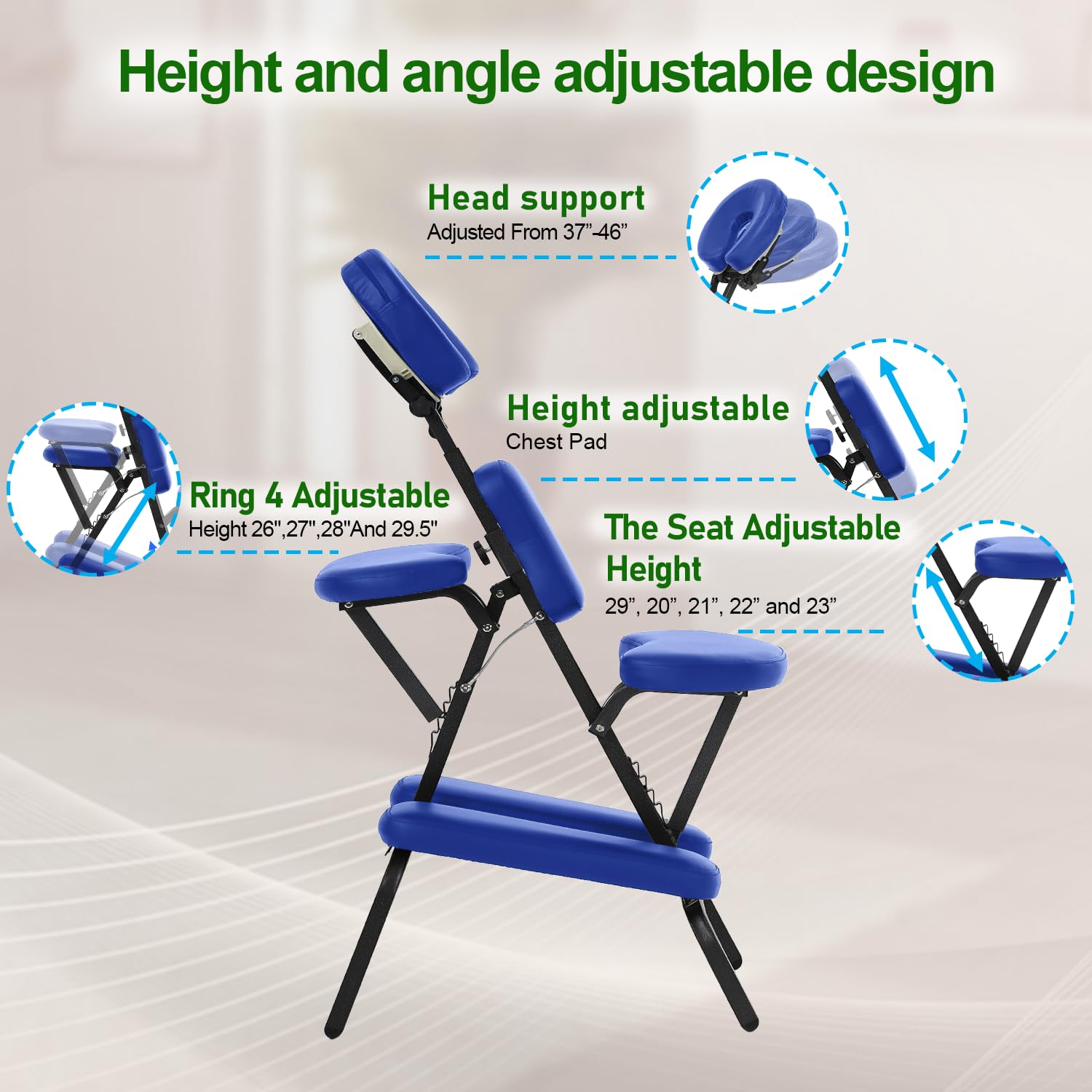 FDW Portable Foldable Massage Chair - Adjustable Height Tattoo & Spa Salon Chair with High Density Foam & Backpack - Perfect for Tattoo Studios, Massage Therapy, Facial Treatments & Home Relaxation (Blue)