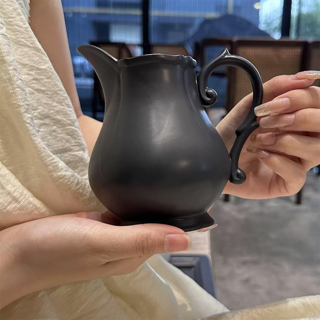 WAIT FLY Vintage Embossed Creamer Pitcher - Elegant Coffee, Milk & Sauce Serving Jug for Kitchen - Perfect for Tea Parties, Breakfast & Dining - Black Creamer Design