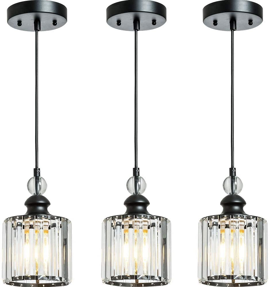 3-Pack Matte Black Crystal Pendant Lights - Adjustable Industrial Mini Chandeliers for Kitchen Island, Dining Room, Living Room, Bar & Cafe | Elegant Indoor Lighting Fixtures for Modern Home Decor