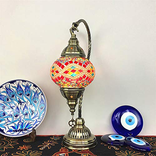 XINDAR Turkish Mosaic Table Lamp - Moroccan Glass Swan Neck Tiffany Bedside Night Light in Red | Perfect for Bedroom, Living Room & Office Decor