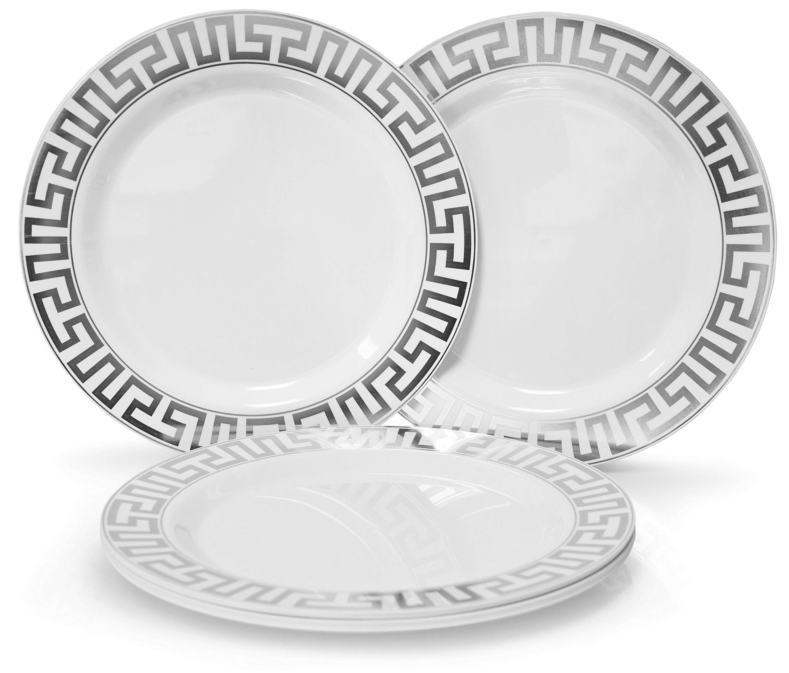 120 Heavyweight Disposable Plastic Plates 10.5 Inch - Elegant White & Silver Milano Design for Weddings, Parties, Events & Special Occasions | Durable Dinner Plates for Catering, Banquets & Home Entertaining