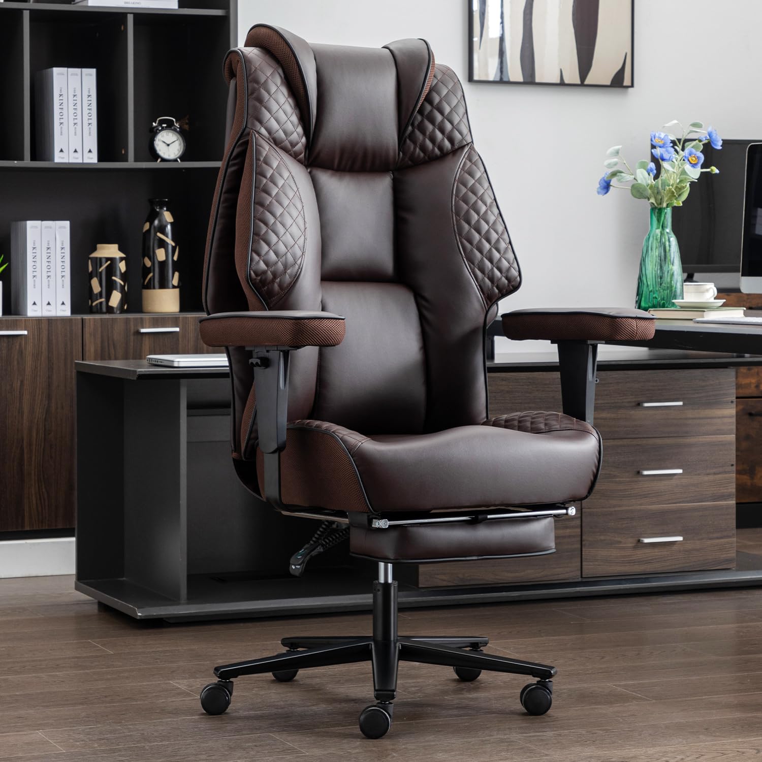 Big and Tall Office Chair 400lbs - High Back Leather Executive Chair with Adjustable Armrests & Footrest - Heavy Duty Ergonomic Rolling Chair for Home & Office (Brown) - Perfect for Large Professionals & Long Work Hours