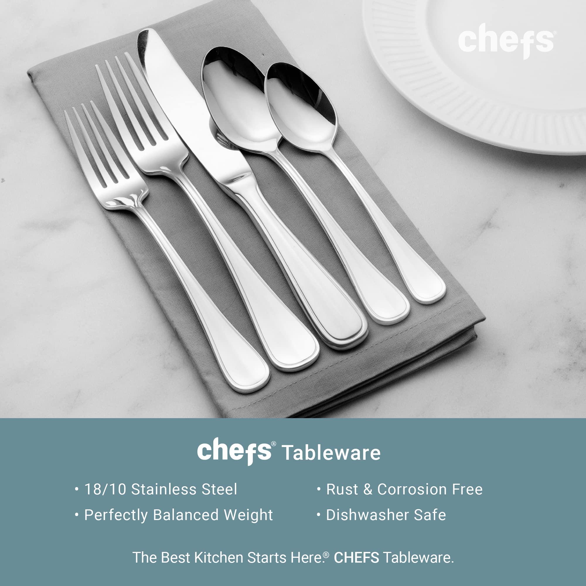 Premium CHEFS Flatware Set - 44-Piece Stainless Steel Cutlery for 8 People, Elegant Calais Design - Perfect for Dinner Parties, Weddings & Upscale Dining