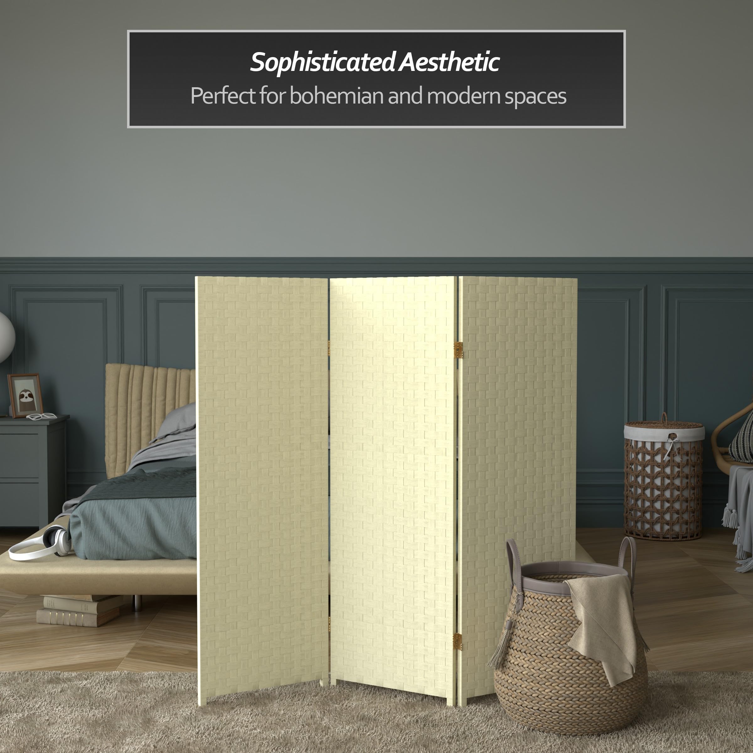 4 ft. Short Woven Fiber Folding Room Divider Screen - Cream - 3 Panel Privacy Partition for Home, Office, or Studio Decor