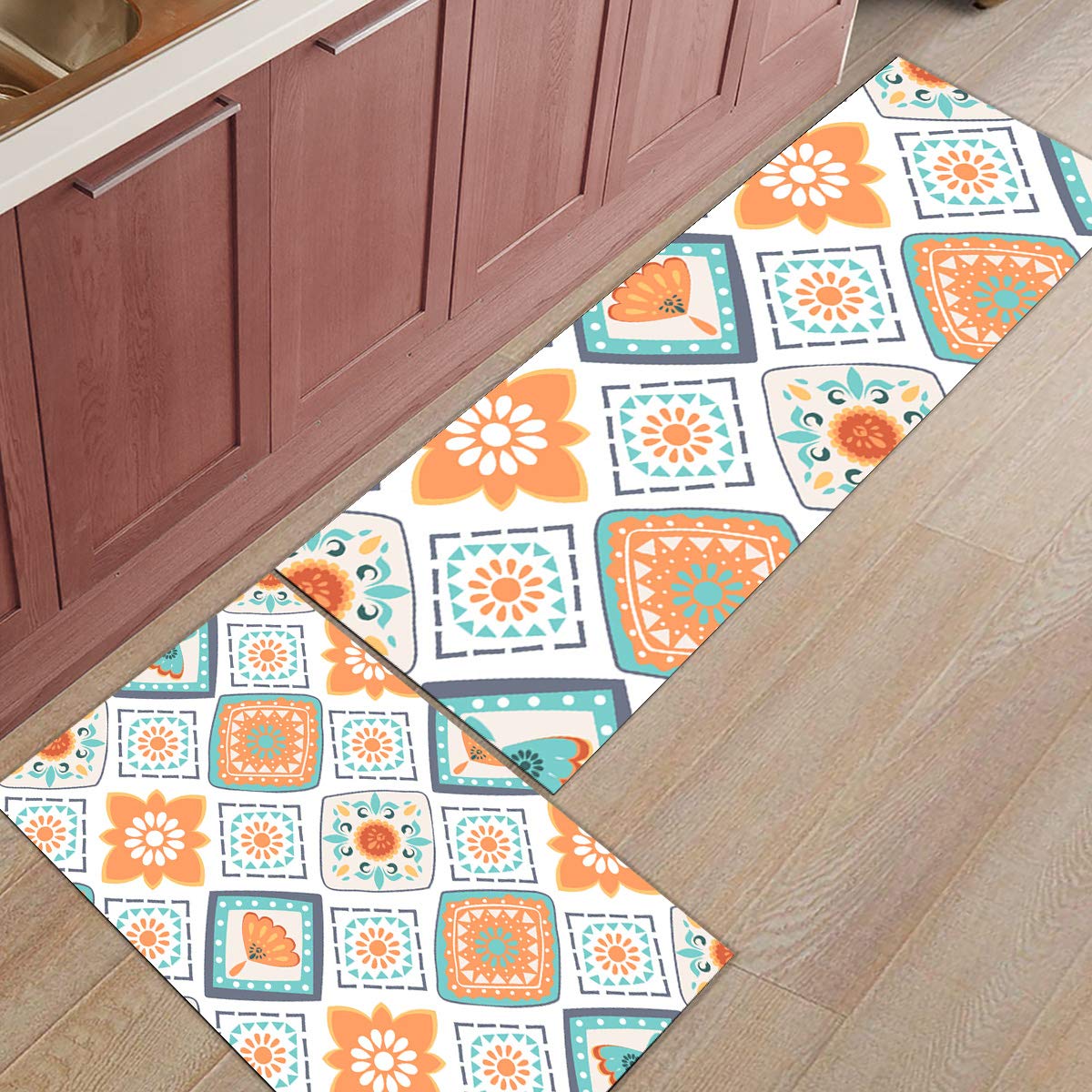 Bohemian Floral Print Non-Slip Kitchen Rug Set - 2 Piece Washable Floor Mats, Runner Carpet for Kitchen, Entryway, and Laundry Room