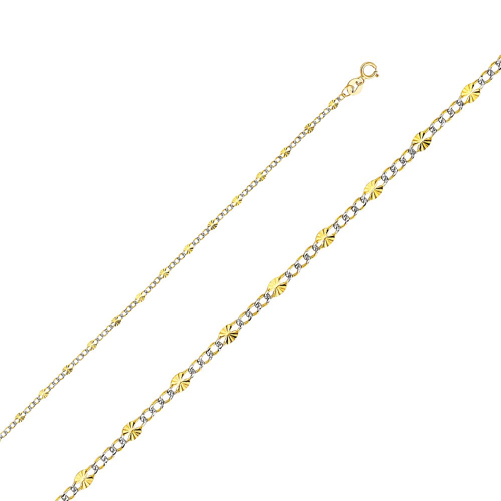 14K Real Yellow Gold Solid 2.5mm Figaro Chain Necklace with 3+1 White Pave Diamond Cut Links & Spring Ring Clasp - Elegant Jewelry for Women, Perfect for Everyday Wear, Special Occasions & Gifts