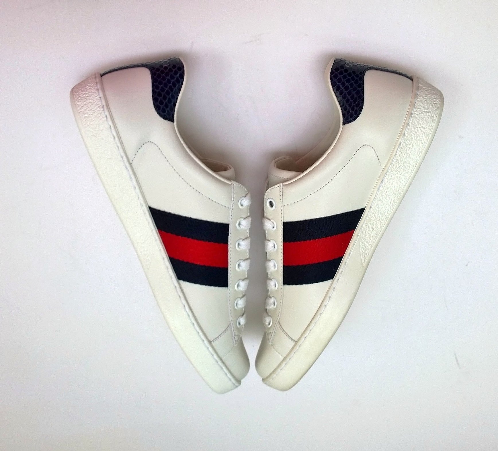Gucci New Ace Blue Crocodile Tab White Leather Sneakers for Men - Stylish Casual Shoes with Grosgrain Detail - Perfect for Everyday Wear & Fashion Outfits