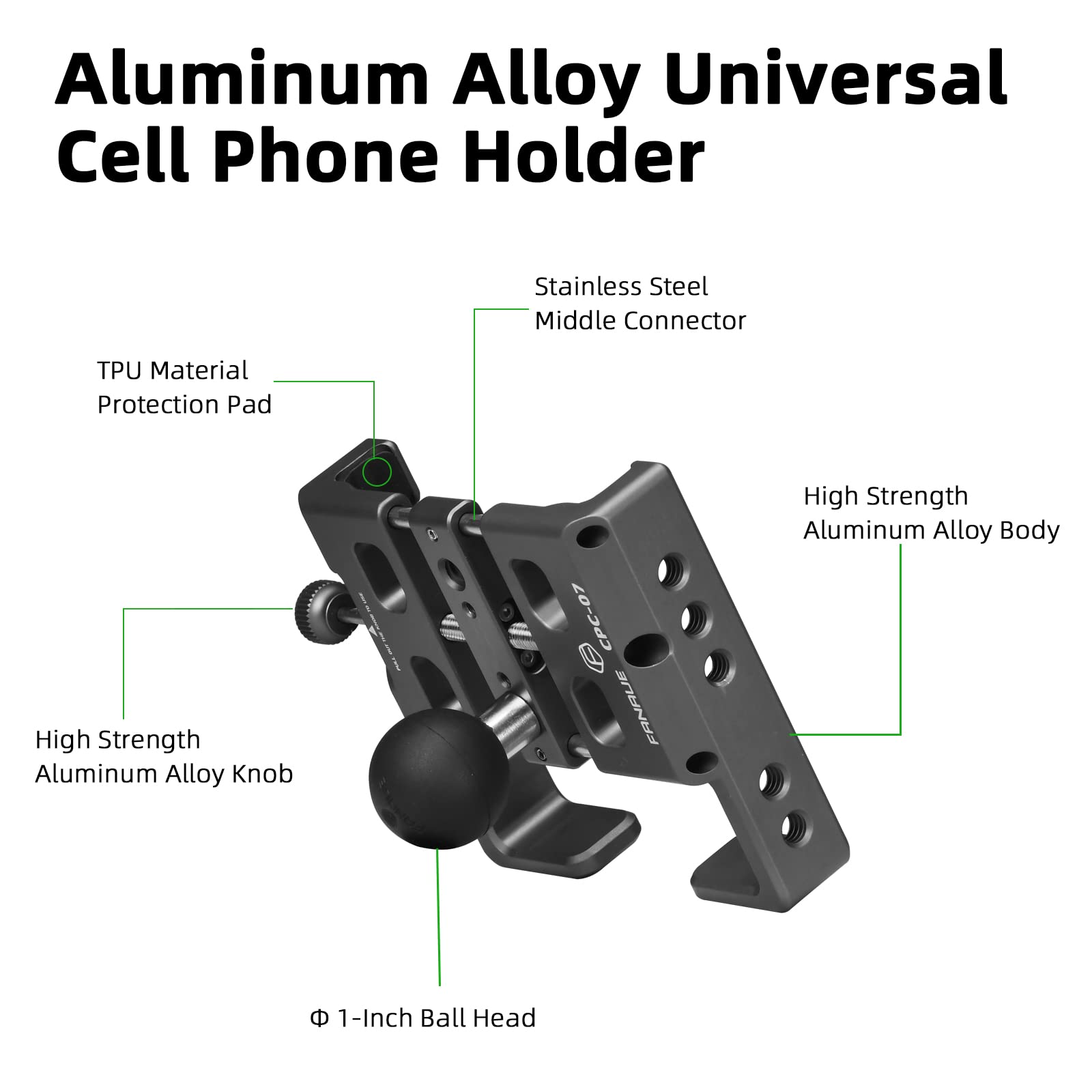 FANAUE Universal Aluminum Alloy Phone Mount with 1'' Ball - Compatible with Smartphones 2.3