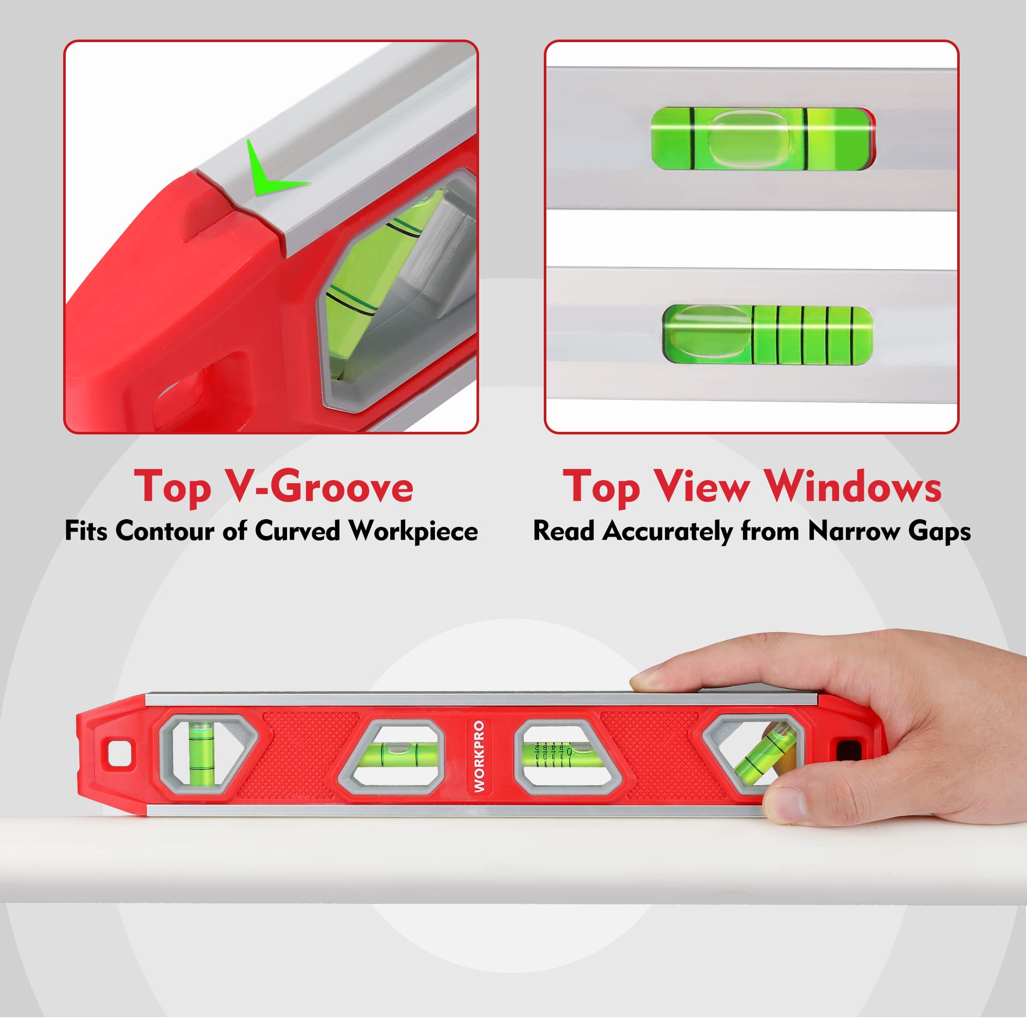 WORKPRO 12 Inch Magnetic Torpedo Level - Aluminum Reinforced with 4 Bubbles & V-Groove for Conduit Bending - Perfect for Plumbing, Construction, and DIY Home Improvement Projects
