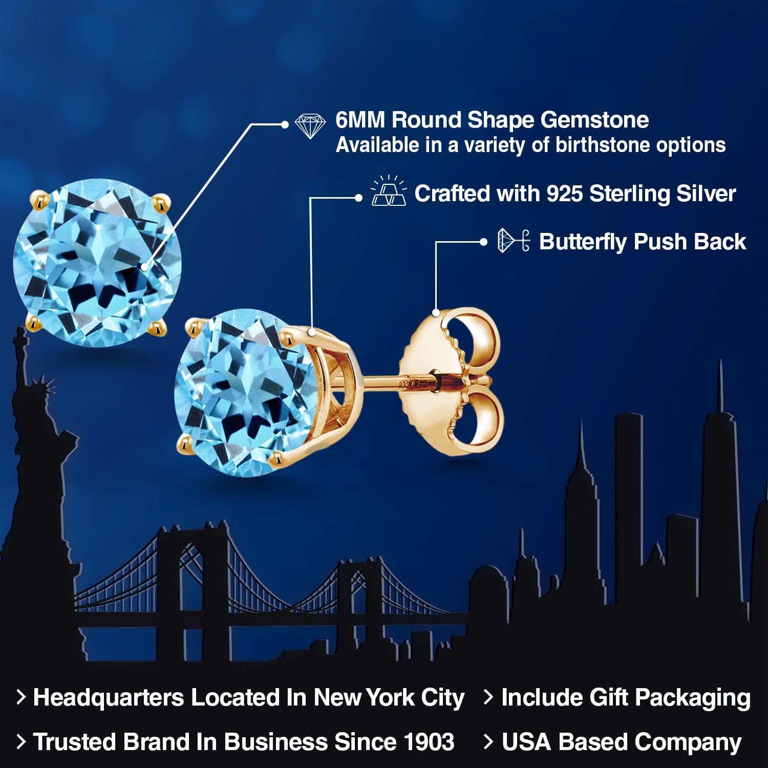 18K Yellow Gold Plated Sterling Silver 6mm Round Birthstone Stud Earrings for Women & Men | Personalized Zodiac Jewelry Gift for Birthday, Anniversary & Special Occasions