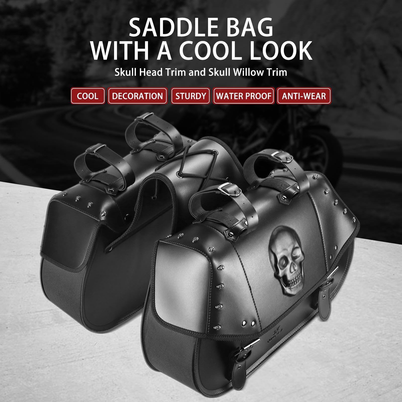 34L Large Capacity Waterproof Motorcycle Saddlebags - PU Leather Side Bags for Harley, Honda, Yamaha, Kawasaki (3D Skull Design, Black) | Perfect for Long Rides, Road Trips & Daily Commuting