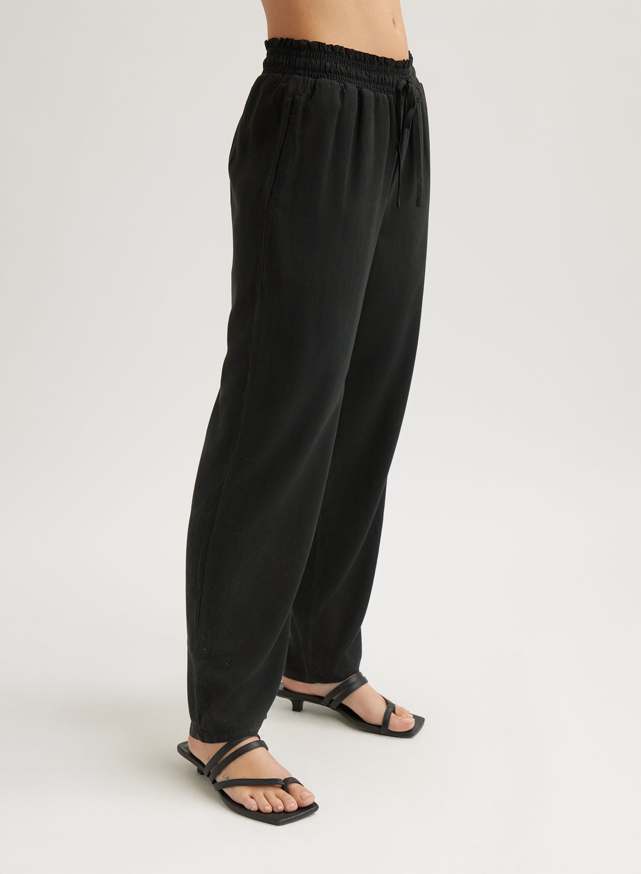 Vintage Black Smocked Waist Trousers for Women - High Waist Elastic Waistband Pants - Casual Office Wear & Spring Outfits