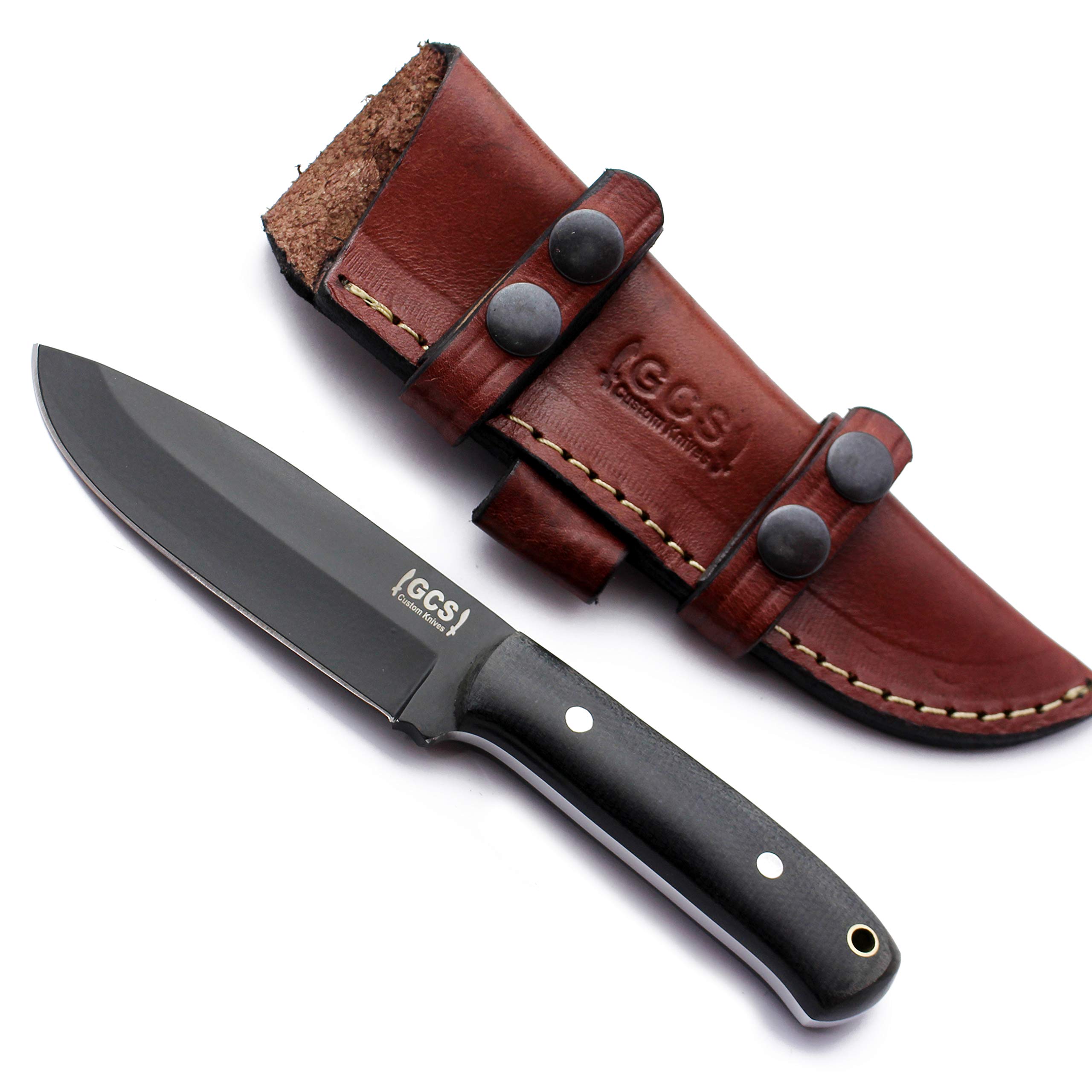GCS Custom Handmade Black & White G10 Handle D2 Tool Steel Survival Tactical Hunting Fixed Blade Knife with Brown Leather Sheath - Perfect for Outdoor Camping, Bushcraft & Survival Adventures (Right/Left Hand Carry, Model GCS229, Black)