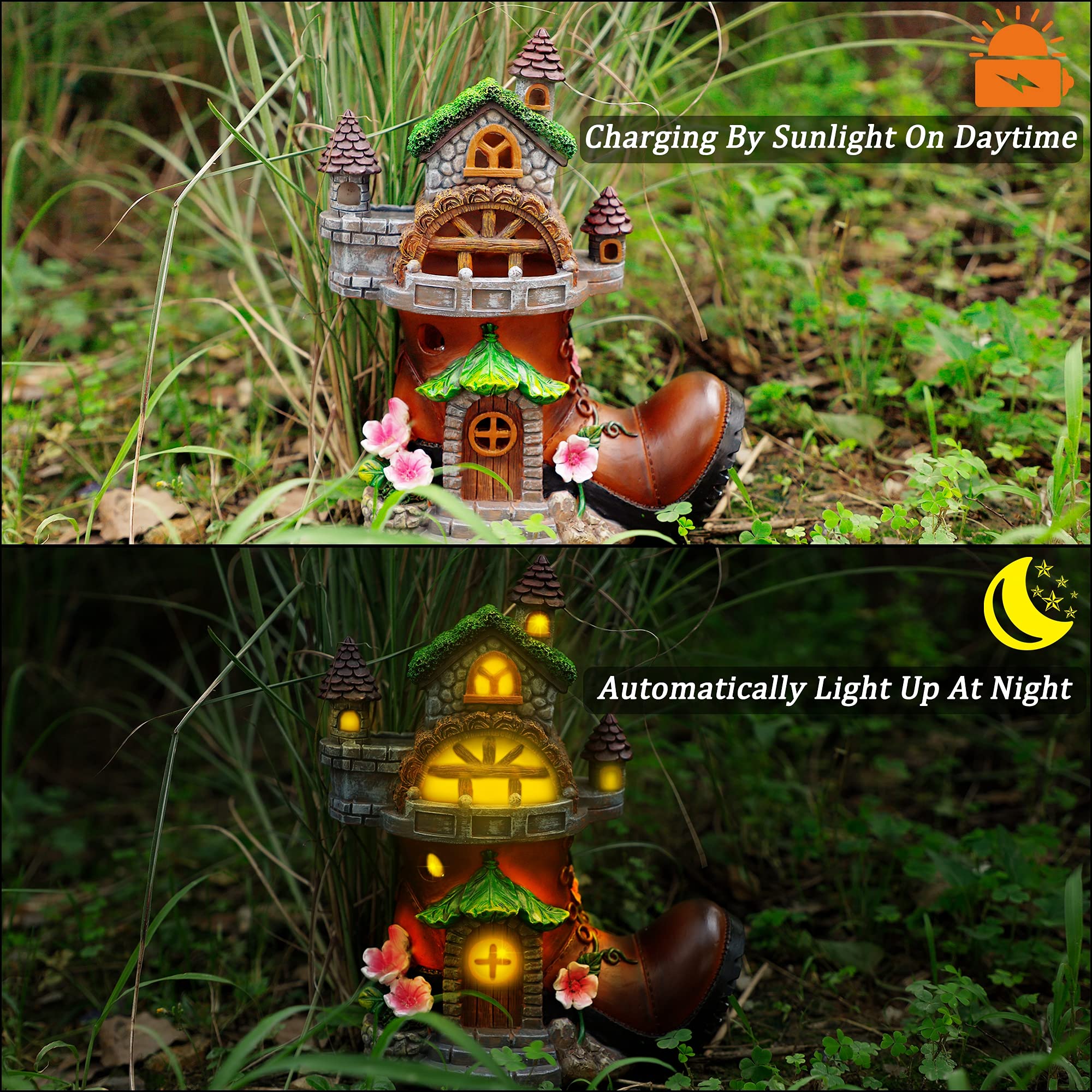 FORUP 10 Inch Solar Powered Fairy House Garden Statue with Boots - Outdoor Fairy Garden Decor Kit with LED Lights for Patio, Lawn, Yard & Backyard - Perfect for Fairy Gardens, Flower Beds & Gift Giving