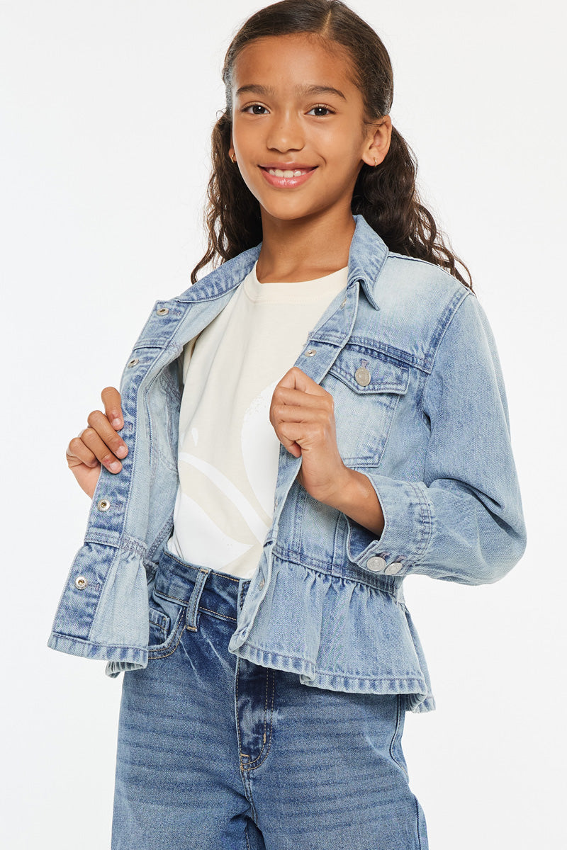 Penny Kids Peplum Denim Jacket for Girls - Stylish & Comfortable Denim Jacket with Ruffle Hem - Perfect for School, Playdates & Outdoor Activities