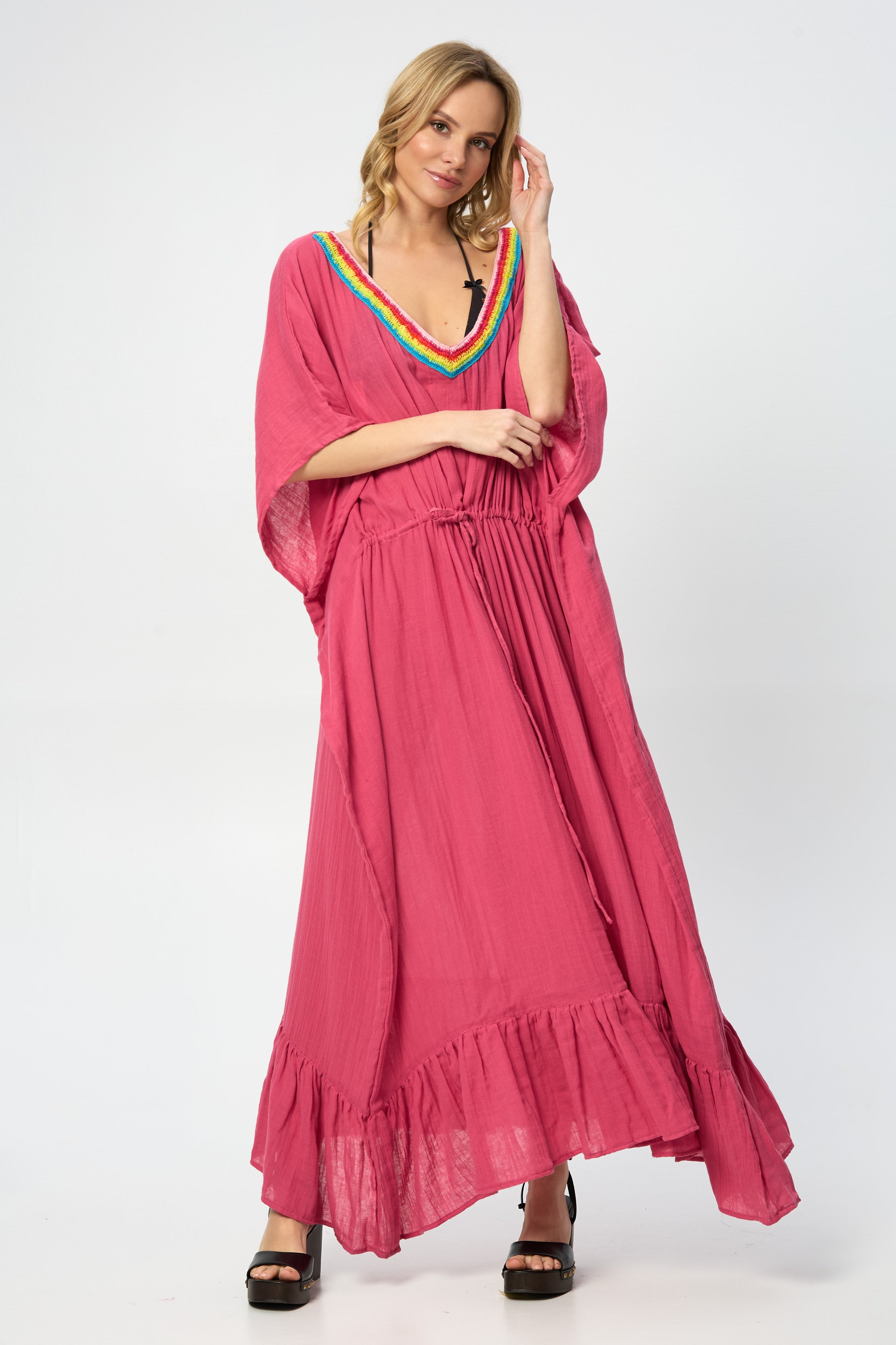 Crochet Rainbow Kaftan Maxi Dress - Boho Chic Beach Cover Up for Women - Perfect for Summer Vacations, Pool Parties & Music Festivals