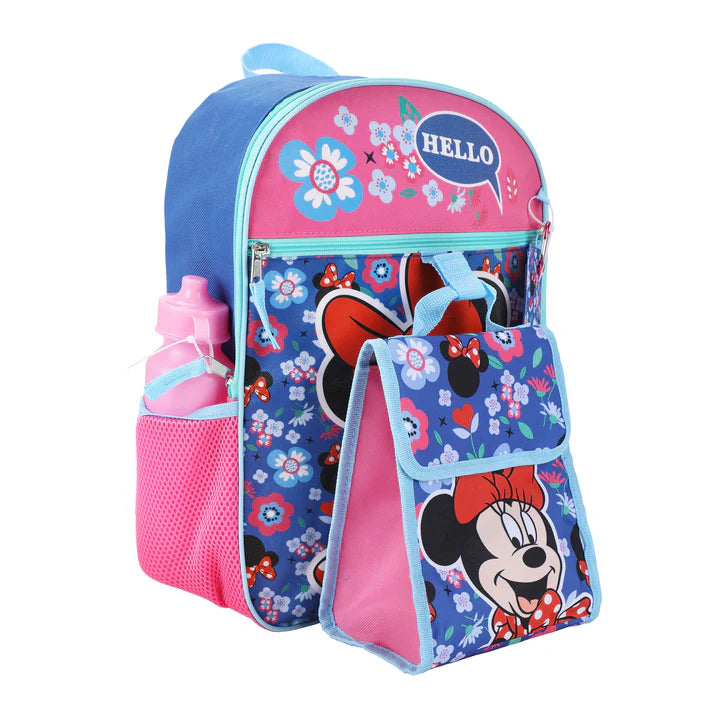 Minnie Mouse Floral Print Kids 16-Inch Backpack with Matching Lunch Box 5-Piece Set - Perfect for School, Travel & Disney Theme Parties
