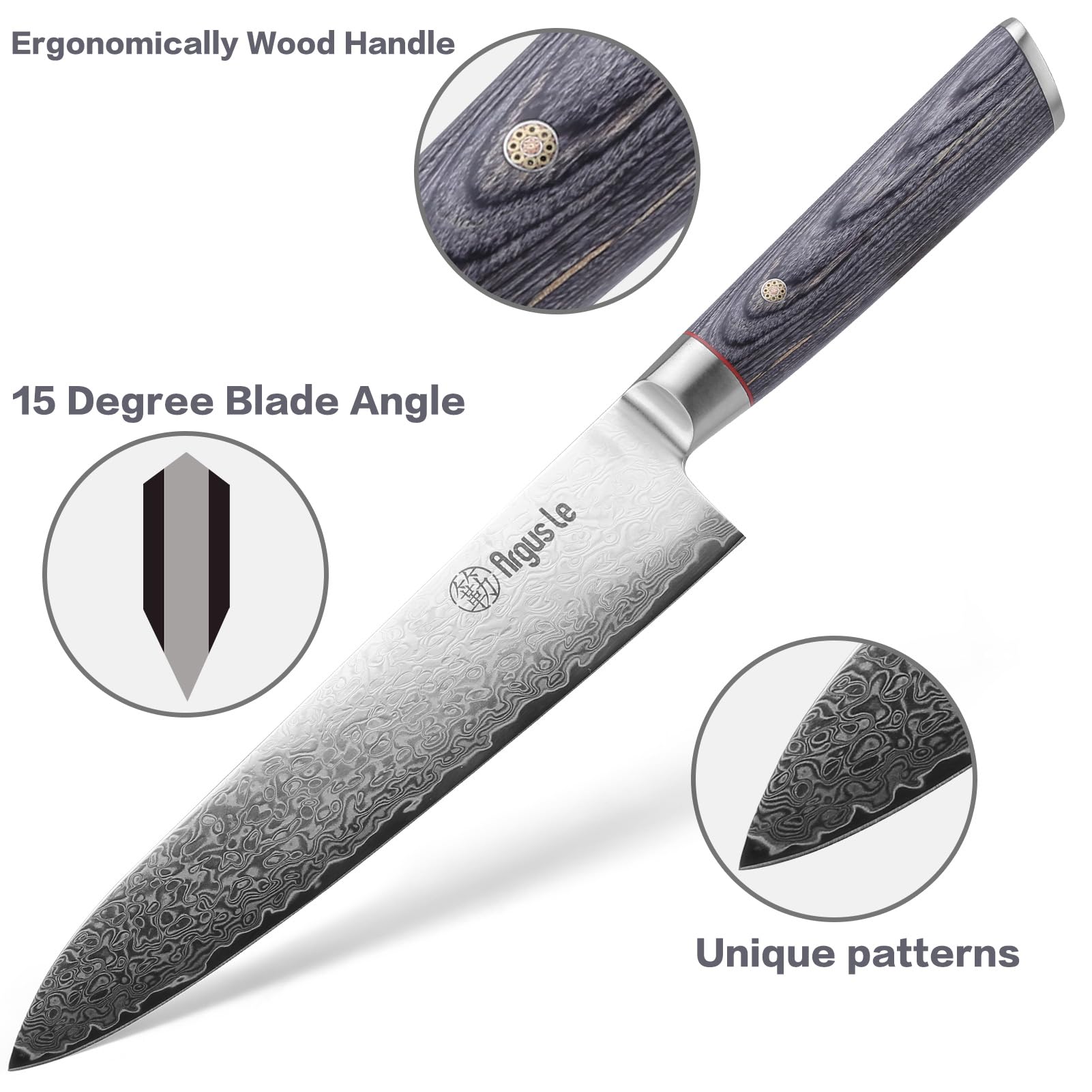 Premium 8 Inch Damascus Chef Knife - Japanese VG-10 Stainless Steel Kitchen Knife with Razor Sharp Edge - Perfect for Slicing Meat, Chopping Vegetables - Ideal for Home Cooking & Professional Restaurants - Includes Grey Handle & Elegant Gift Box - Great for Wedding Gifts & Culinary Enthusiasts