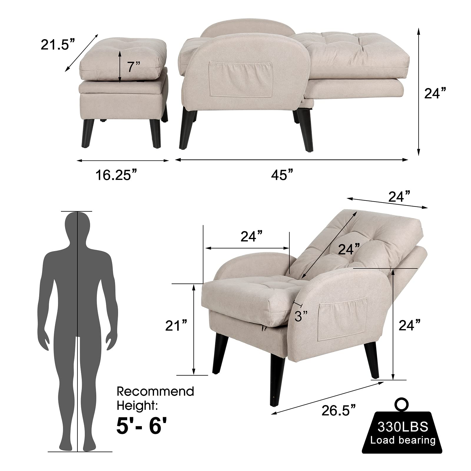 ELUCHANG Accent Chairs with Ottoman - Adjustable Backrest & Storage Footrest, Upholstered Comfy Armchair for Living Room, Bedroom - Light Grey Linen Fabric | Perfect for Reading, Relaxing & Leisure Time
