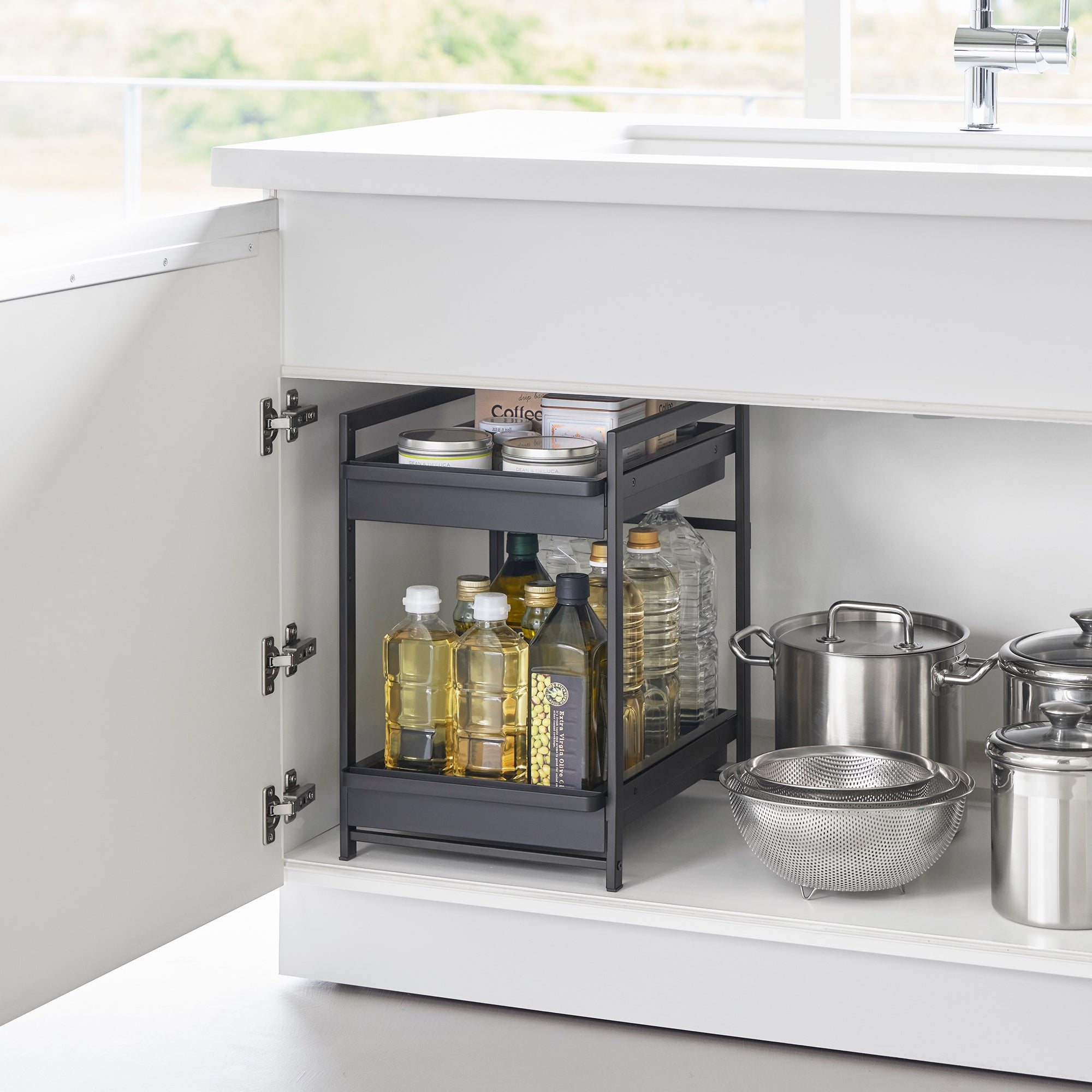2-Tier Pull Out Shelf Organizer - Heavy Duty Steel Kitchen Cabinet Organizer for Spices, Cans & Pantry Storage - Perfect for Small Spaces & Clutter-Free Organization