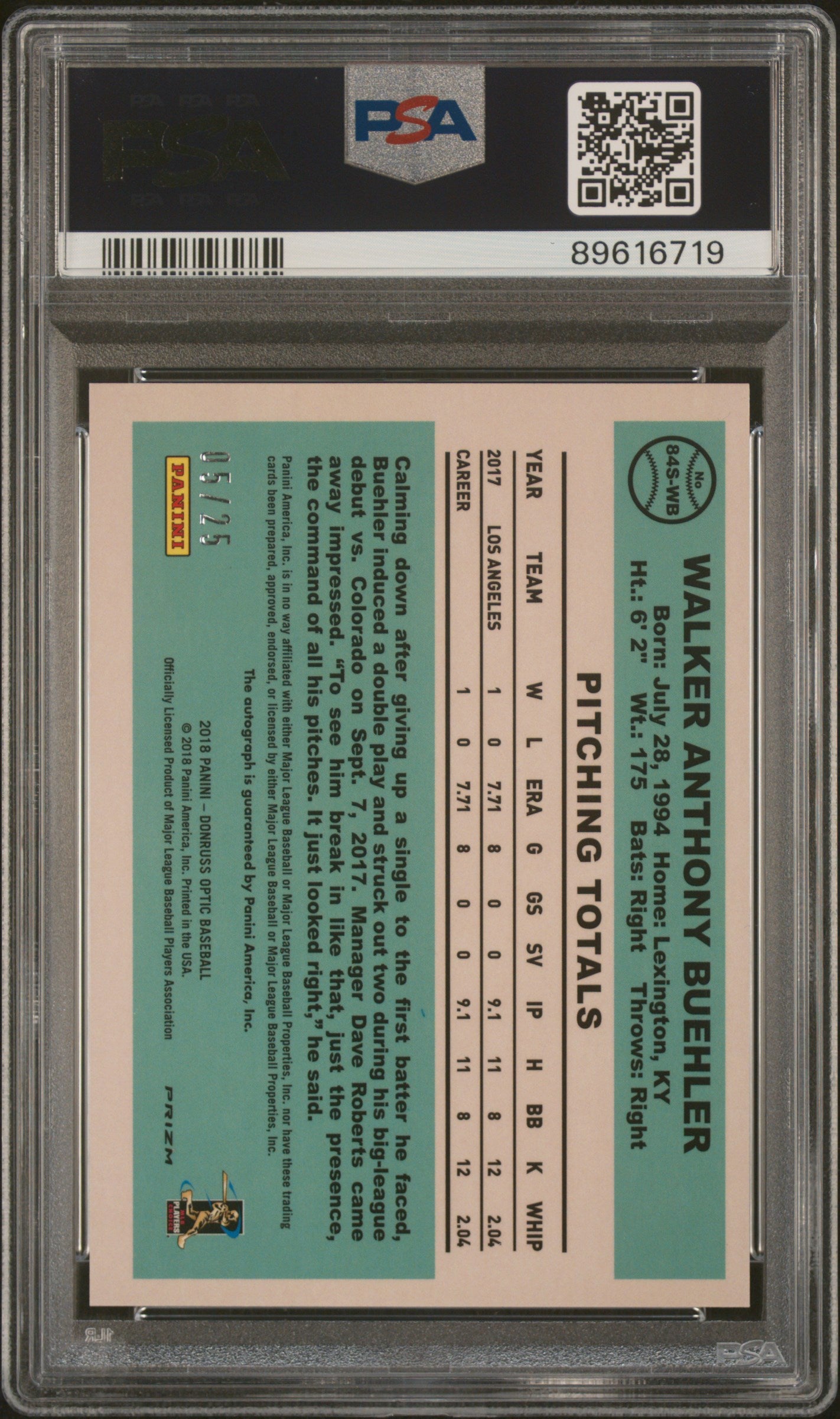 2018 Donruss Optic Retro 1984 Walker Buehler Black Autograph Card /25 #WB PSA 9 - Rare Baseball Memorabilia for Collectors & Sports Fans