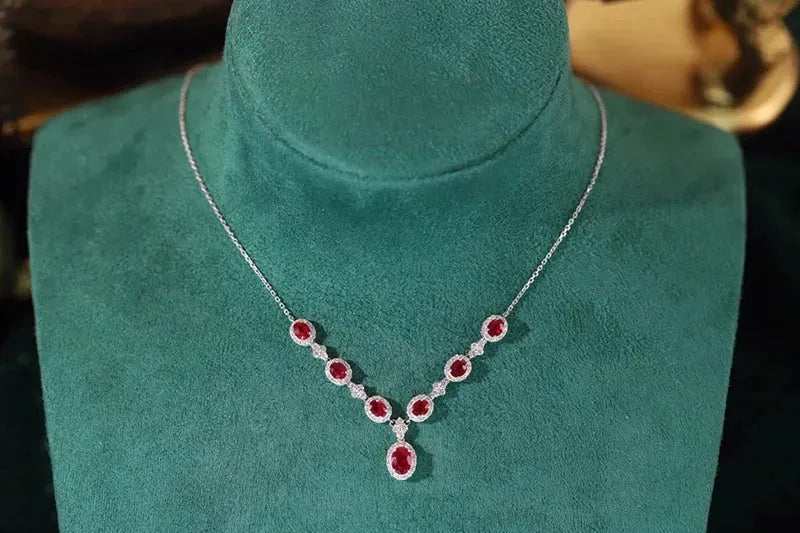 18K White Gold Ruby and Diamond Necklace for Women | Luxury Natural Gemstone Jewelry | Perfect for Senior Banquets, Weddings & Special Occasions