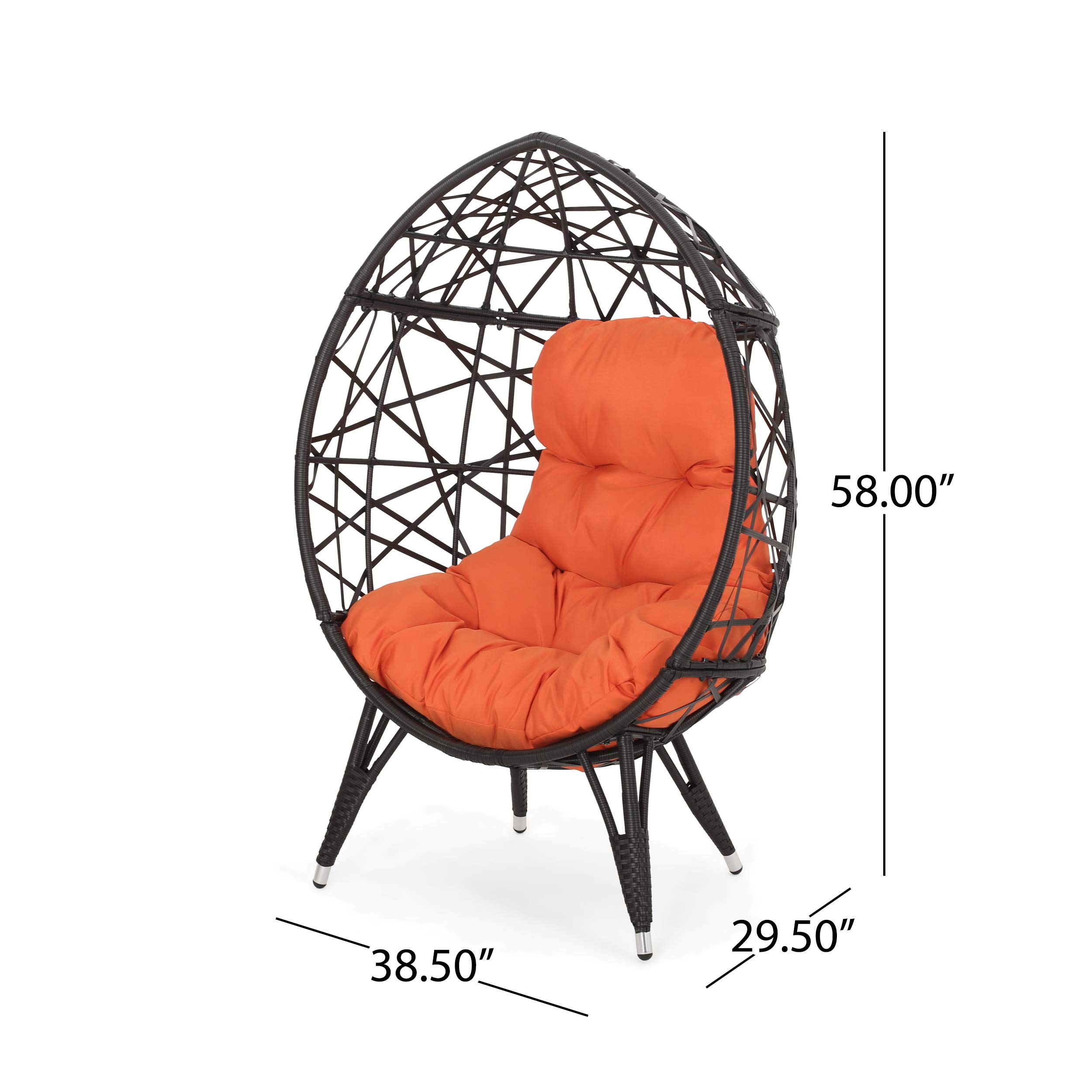 GDF Studio Outdoor Wicker Teardrop Chair with Cushion - Brown and Orange Patio Furniture for Garden, Poolside, or Backyard Relaxation