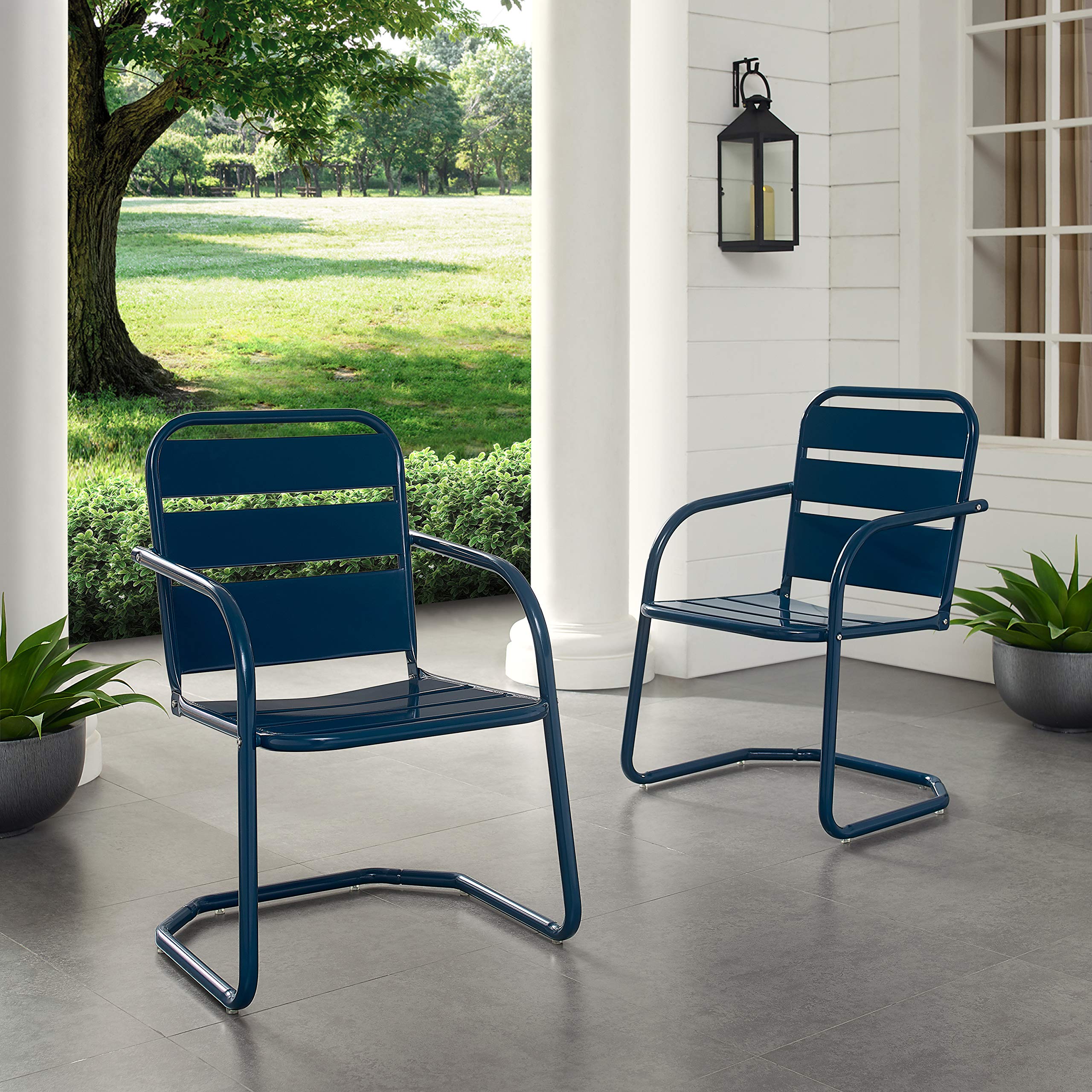 Crosley Brighton 2-Piece Outdoor Chair Set - Retro Metal Patio Dining Chairs for Porch, Deck, Garden - Navy Blue - Perfect for Backyard Relaxation & Outdoor Entertaining